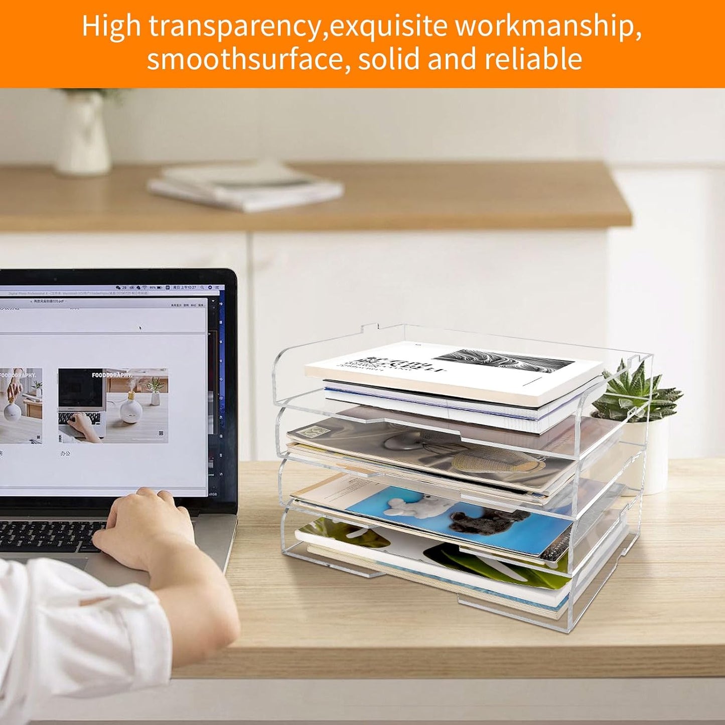 4 Pack- Stackable Paper Letter Tray,Clear Acrylic Magazine Holder and File Organizer - Sleek Desk Organizer for Home Office, Bookshelf, or Workspace - Space-Saving Transparent Document Holder