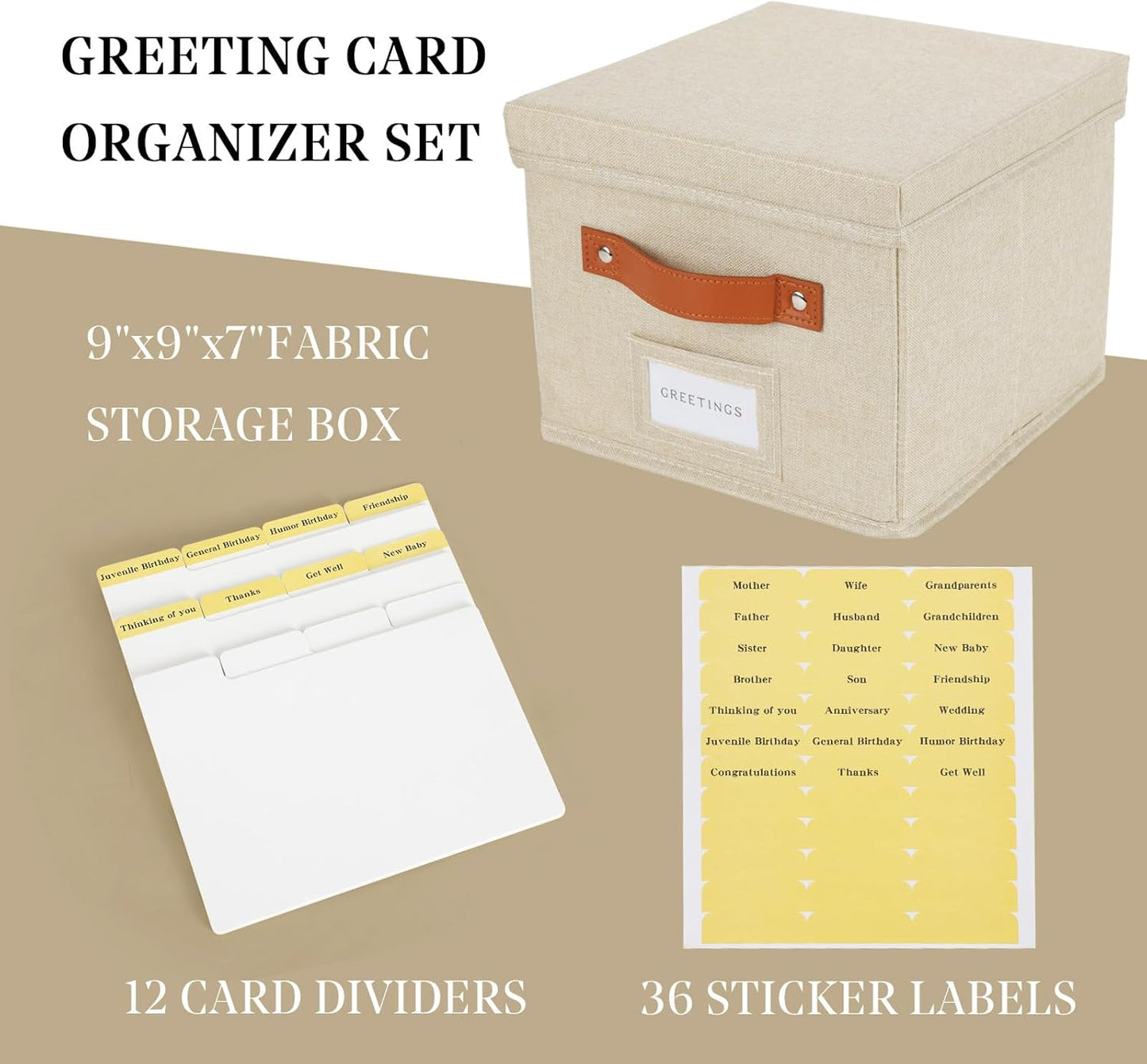 Greeting Card Organizer with dividers - Storage Box with lid Holds 150+ Cards - Assortment Box for Greeting Cards,Recipes, Photos, Envelopes, Keepsake - 9 x 9 x 7 Inches (Beige, 1 pcs)