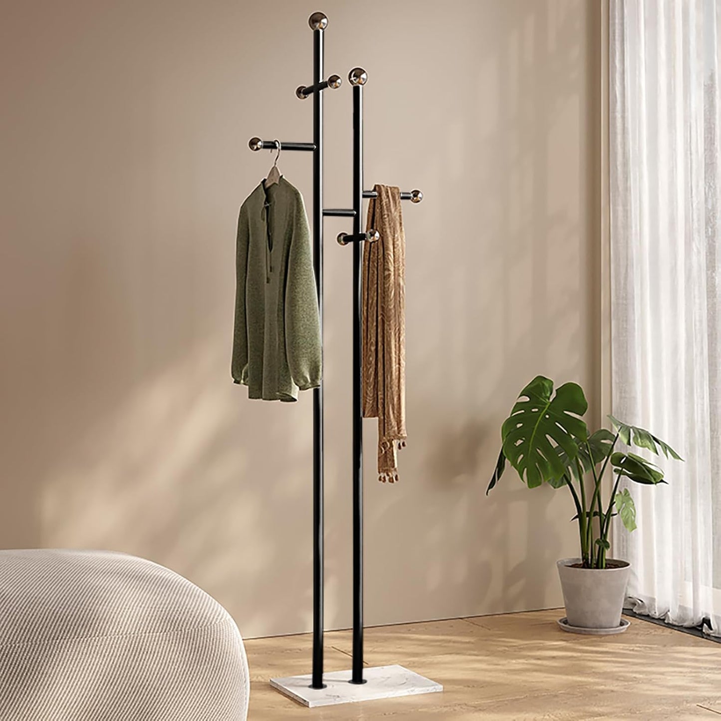 Coat Rack Freestanding with Marble Base Sturdy Coat Tree Heavy Duty Clothes Rack for Entryway Bedroom Living Room Hotel 14.96 x 10.24 x 68.9 Inches (Black)