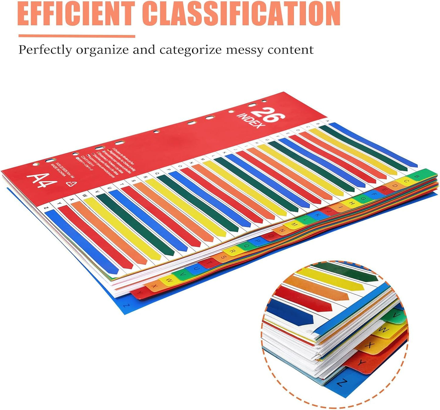 A-Z Tab Dividers, Alphabet Dividers for 2/3/4 Ring Binder, Customizable Table of Contents, Plastic Binder Dividers with Multicolor A-Z Tabs, 5 Sets