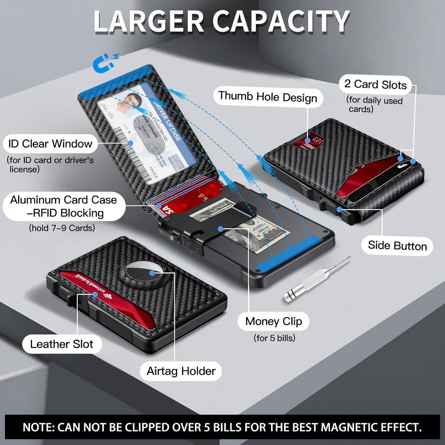 Airtag Wallet for Men, Mens Smart Wallet for Air Tag RFID Blocking, Minimalist Bifold Pop Up Aluminum Credit Card Case Holder 12+ Cards with ID Window, Gift for Men, No Airtag Included, Carbon Fiber