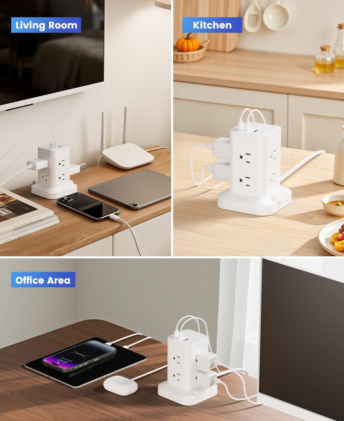 11-in-1 Power Strip Tower with Surge Protector 1800J, Fast Charging Tower PD20W USB-C Ports with 8 AC Outlets, 5ft Extension Cord for Home Office Dorm Room, White