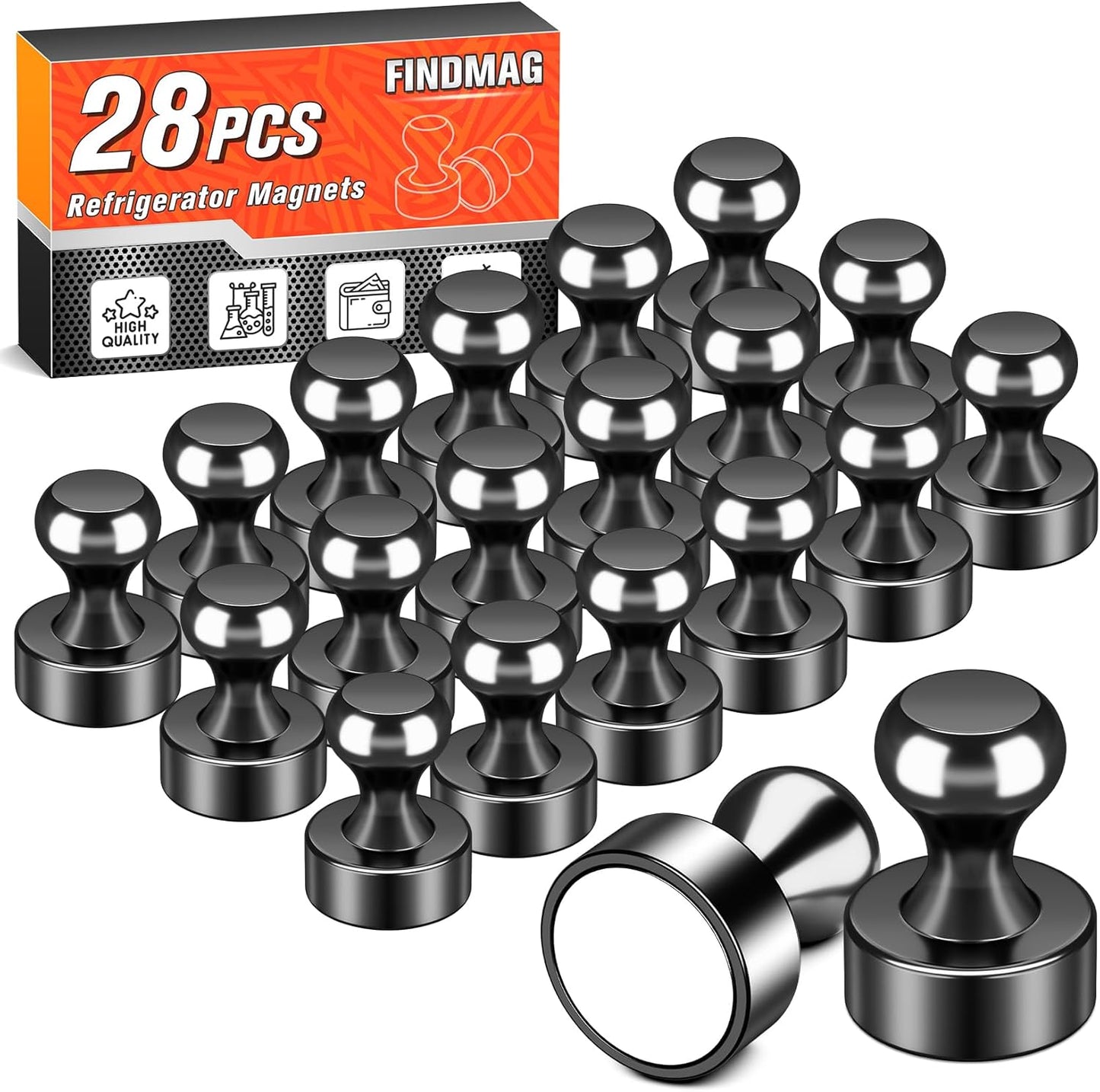 FINDMAG 28Pcs Black Fridge Magnets, Strong Magnets for Refrigerator, Magnetic Push Pins for Whiteboard, Pictures, Kitchen, Office