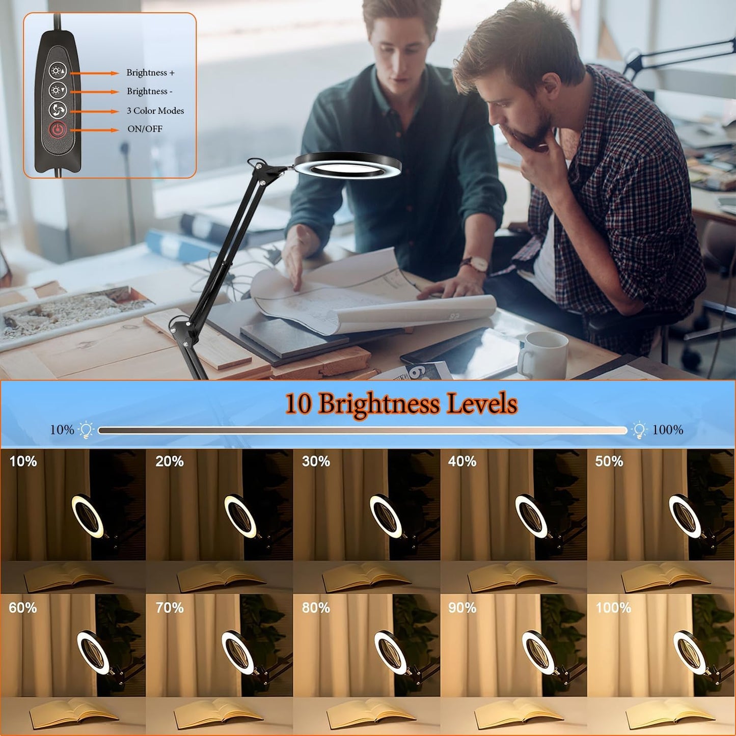 15X Magnifying Glass Lamp with Clamp and Stand, 72 LEDs Desk Lamp with 3 Color Temperatures and 10 Levels Adjustable Brightness for Diamond Art Accessories Hobbies Crafts Reading Close Work Magnifier