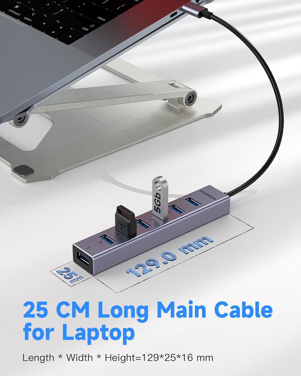 FORIDA USB C to USB Hub, 8 Ports USBC HUB with 7 USB 3.0 Data Ports, Aluminum Alloy Shell USB Splitter with USB C 5V/3A Power Port for Laptop PC and More