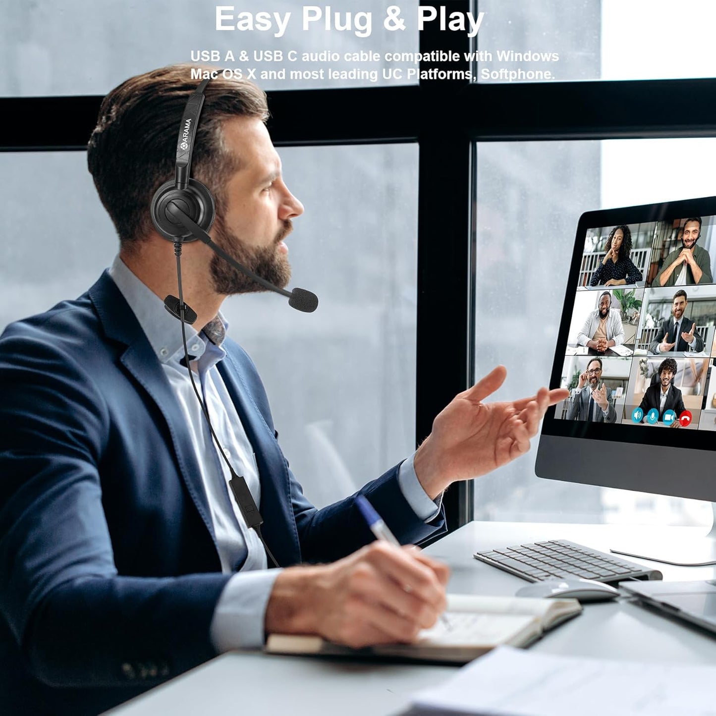 Arama Headset with Microphone for Pc, USB Headset with Noise Canceling Microphone for Laptop, Wired Computer Headset with Mute for Home Office Online Class Skype Zoom Meetings (USBA+USBC, Black)