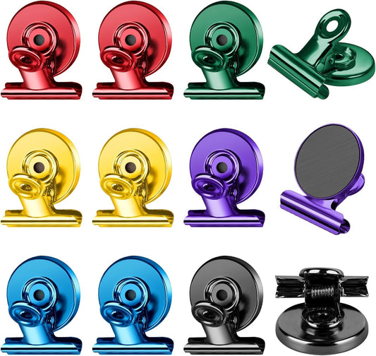 FINDMAG 12 Pack Magnetic Clips for Picture Hanging and Photo Display, Strong Scratch-Free Heavy Duty Magnets for Refrigerator, Whiteboard, Office, Kitchen, Party Use, School