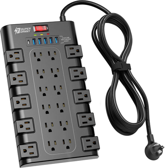 Extension Cord 10 Ft, SUPERDANNY Power Strip Surge Protector with 6 USB Charging Ports and 22 AC Outlets, 1875W/15A, 2100 Joules, Flat Plug Power Outlet for Home, Office, Dorm, Gaming Room, Black