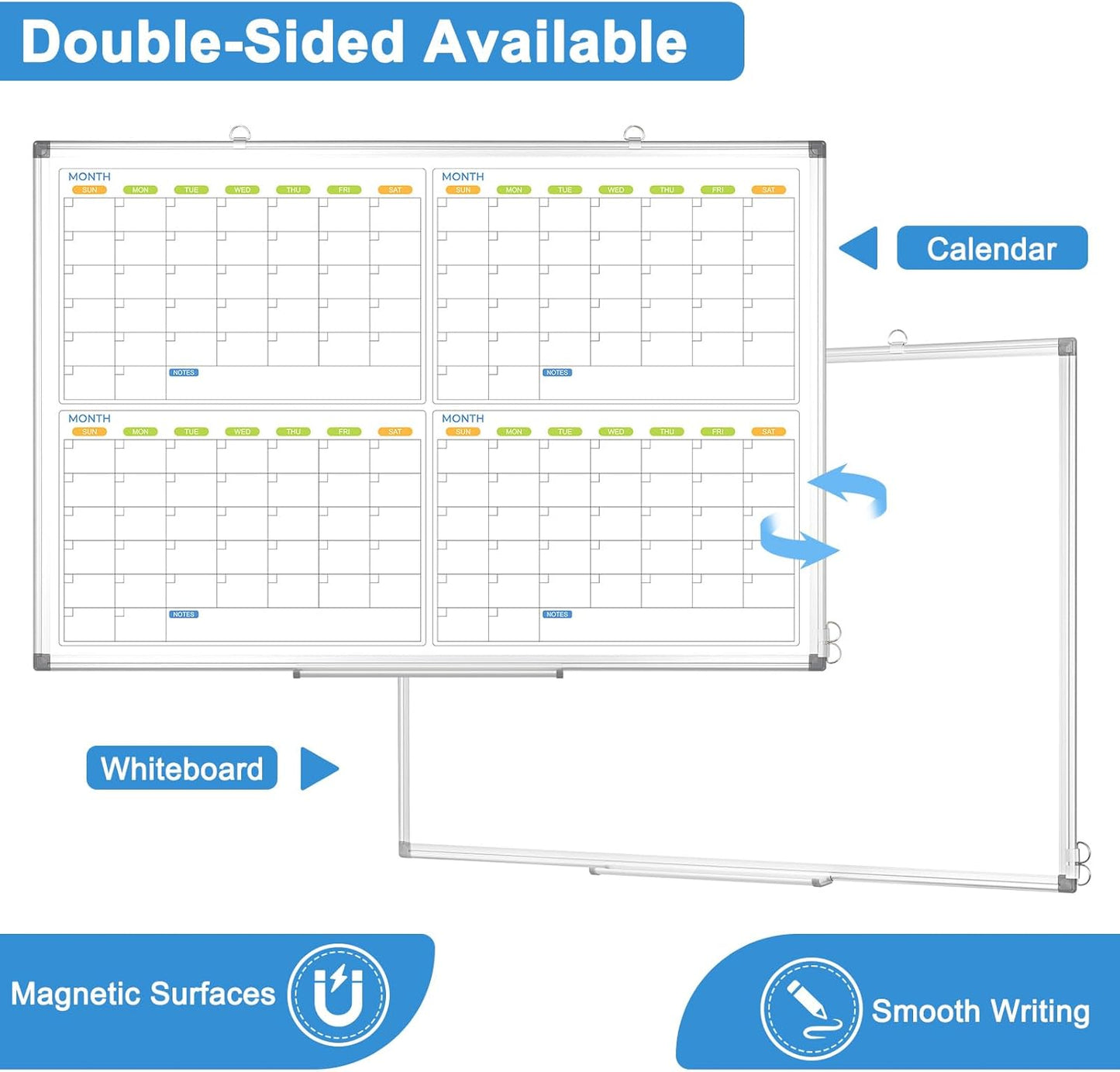 Dry Erase Calendar for Wall 4 Month, WALGLASS 36" x 24" Large Double-Sided White Board Calendar, Dry Erase Monthly Planner Board, Silver Aluminum Frame Hanging Wall Mounted for Office Home School