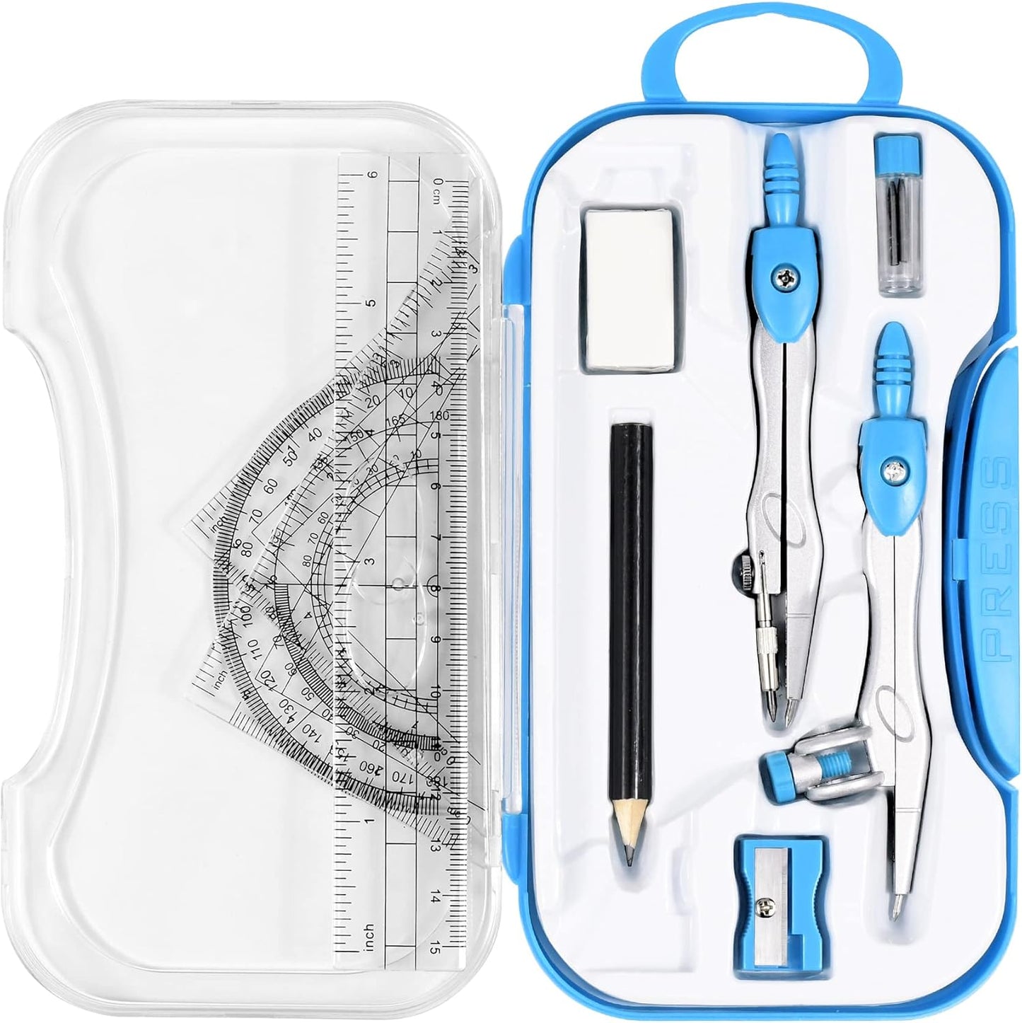 10 Pieces Math Geometry Kit Set Student Supplies with Shatterproof Storage Box,Includes Rulers,Protractor,Compass,Eraser,Pencil Sharpener,Lead Refills,Pencil,for School and Drawings（Blue）