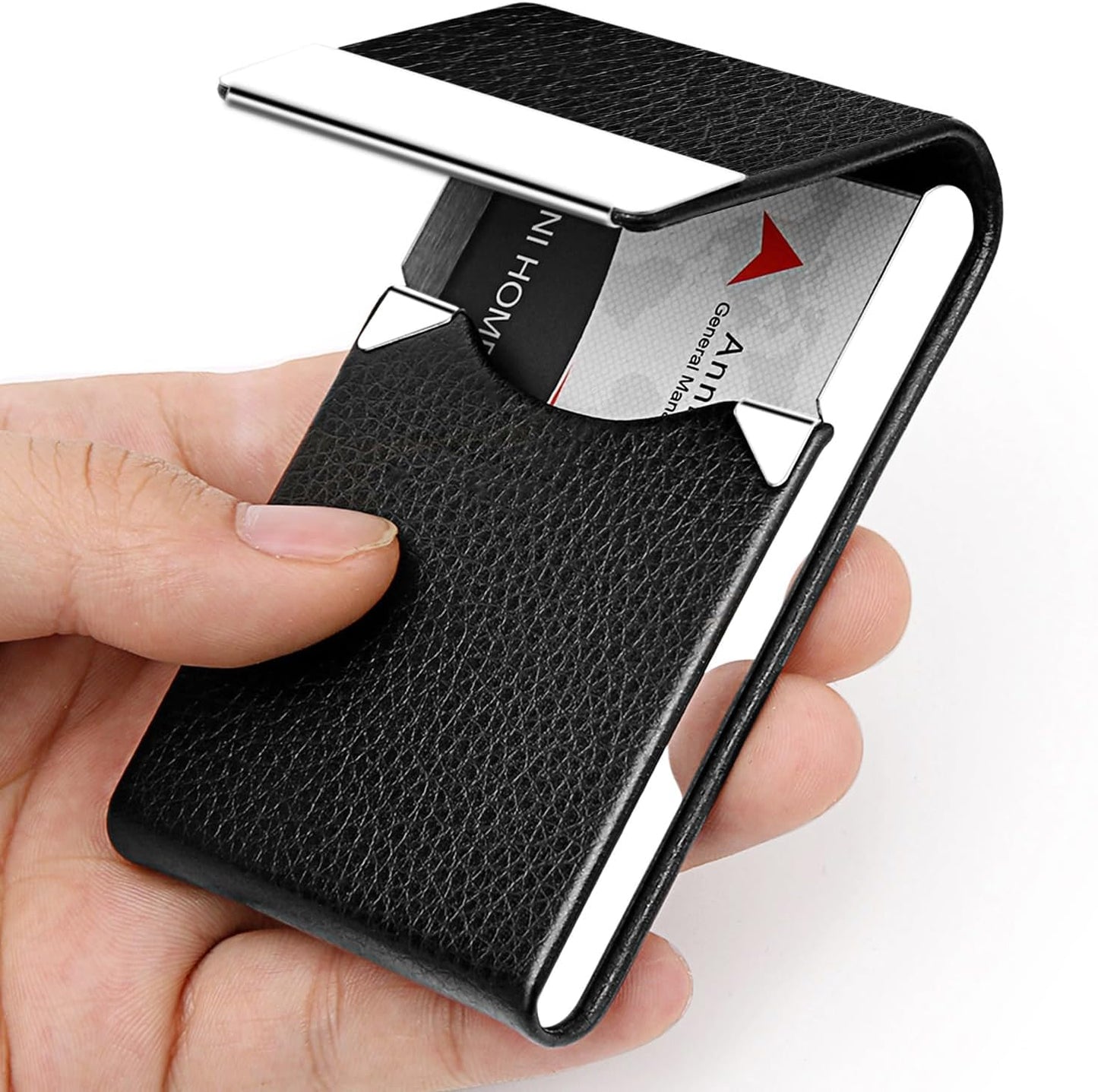 Business Card Holder with Ultra Slim Design, Business Card Case with Premium PU Leather, Suit Pocket Metal Card Holder for Women/Men, Magnetic Closure Quick Access Cards, Small and Easy to Carry