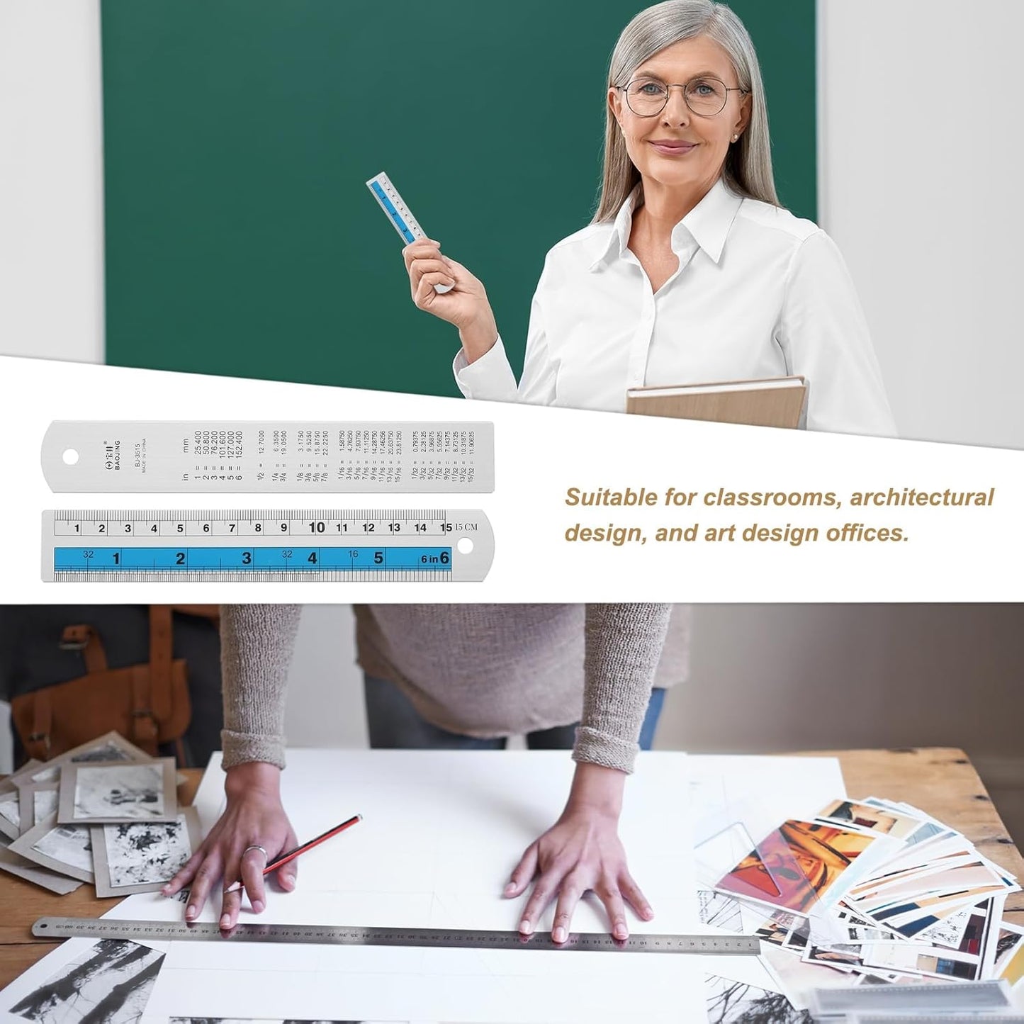 HARFINGTON 6pcs Metal Straight Ruler 15cm Metric SAE Aluminum Alloy Measuring Rulers Scale Tools with Hole for Measure Study Reading Classroom Office, Blue