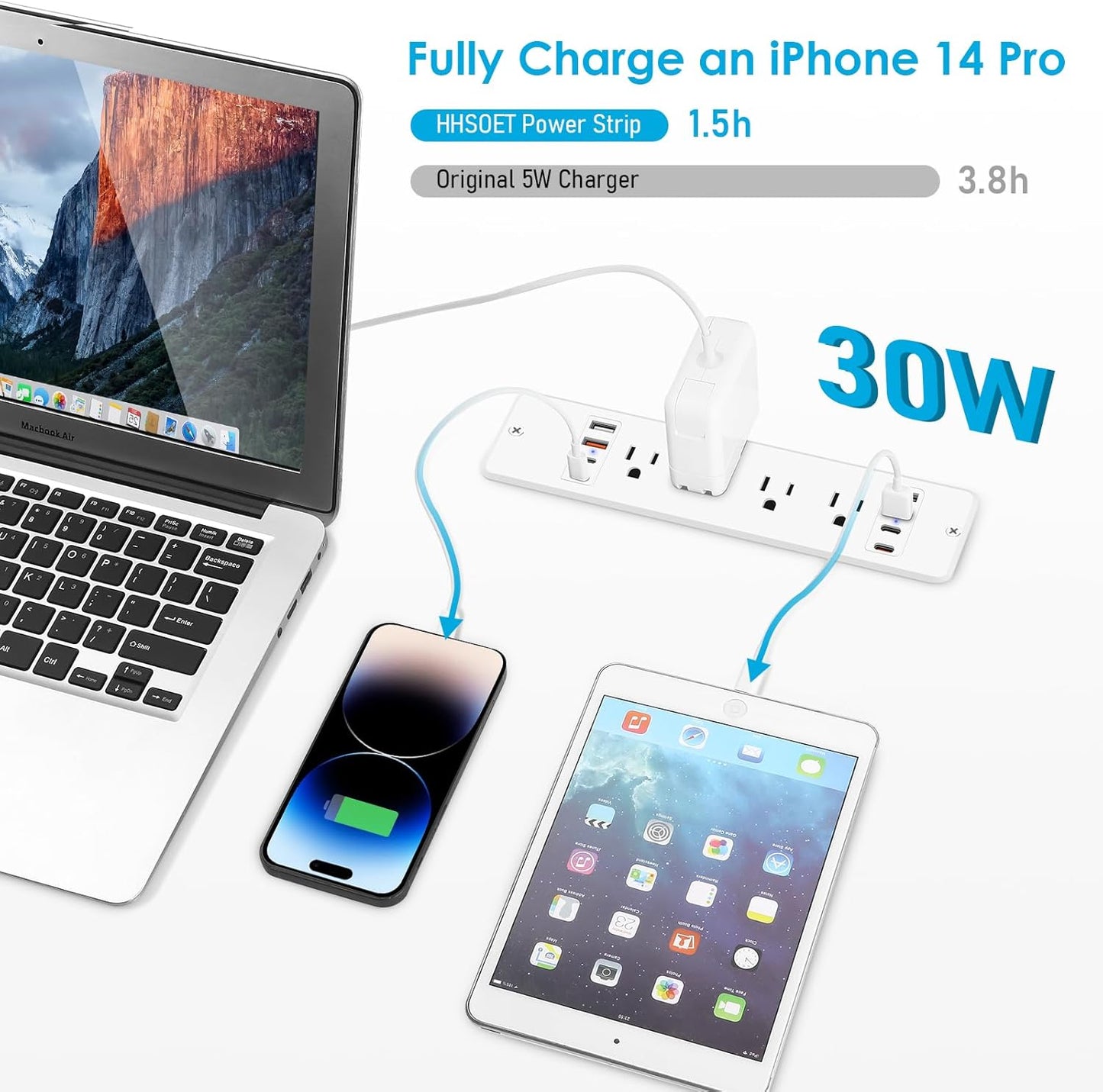 HHSOET 16 in 1 Recessed Power Strip Flat Plug, 30W Fast Charging Furniture Outlet with USB, Conference Recessed Surge Protection with 8 AC Plugs, 4 USB Ports 4 USB-C, 10ft Power Cord.(White)