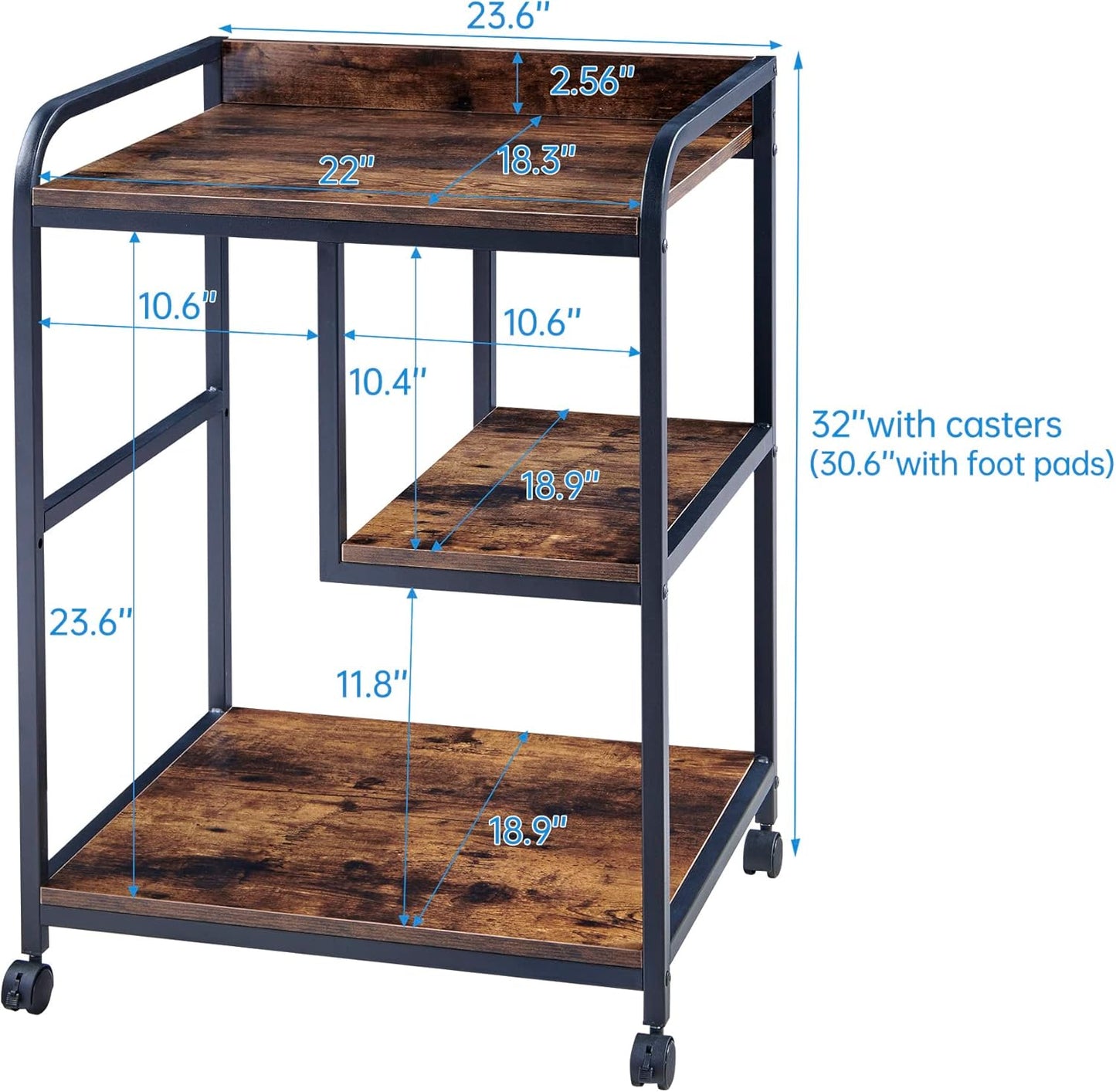 22 x 18 Inch Large Printer Stand, Mobile Printer Table with Wheels for Home Office Storage and Organization, PC Tower Stand, Host Computer Cart, Shelf for Desktop CPU Shredder - Rustic Brown