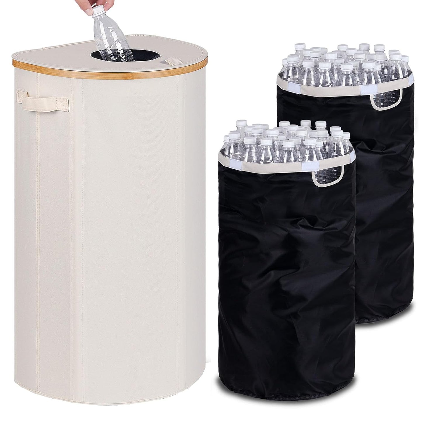 Efluky Recycling Bin 100L, 26 Gallon, Beige, D-Shaped, Oxford Fabric, 17.32"L x 12.9"W x 11.46"H, 2 Removable Inner Bags, Lightweight, Open-Top, Cycling, Kitchen