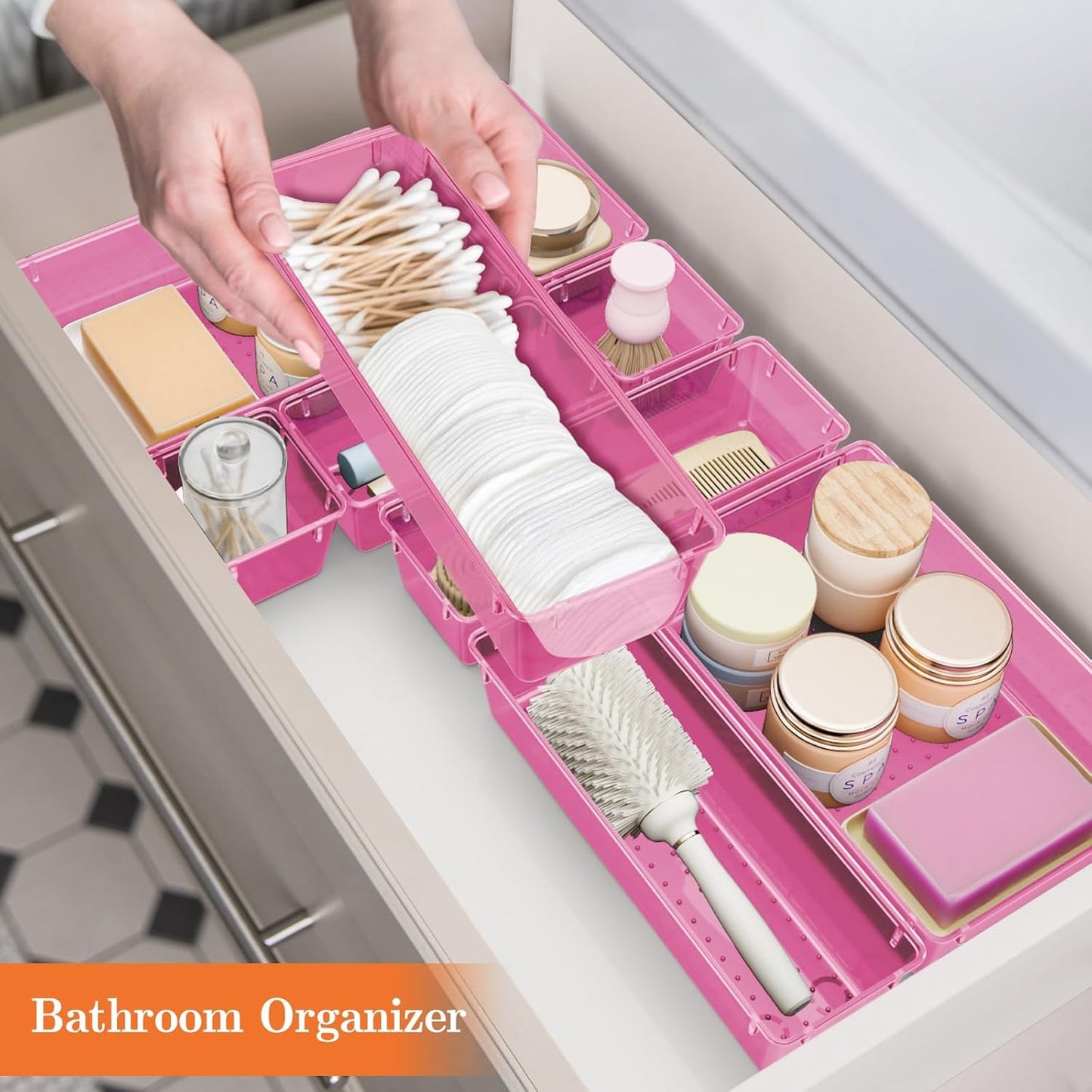25 PCS Plastic Drawer Organizer Set, 4-Size Versatile Organizer Trays & storage Bins for Makeup, Jewelry, and Gadgets in Bathroom, Bedroom and Office, Clear Pink
