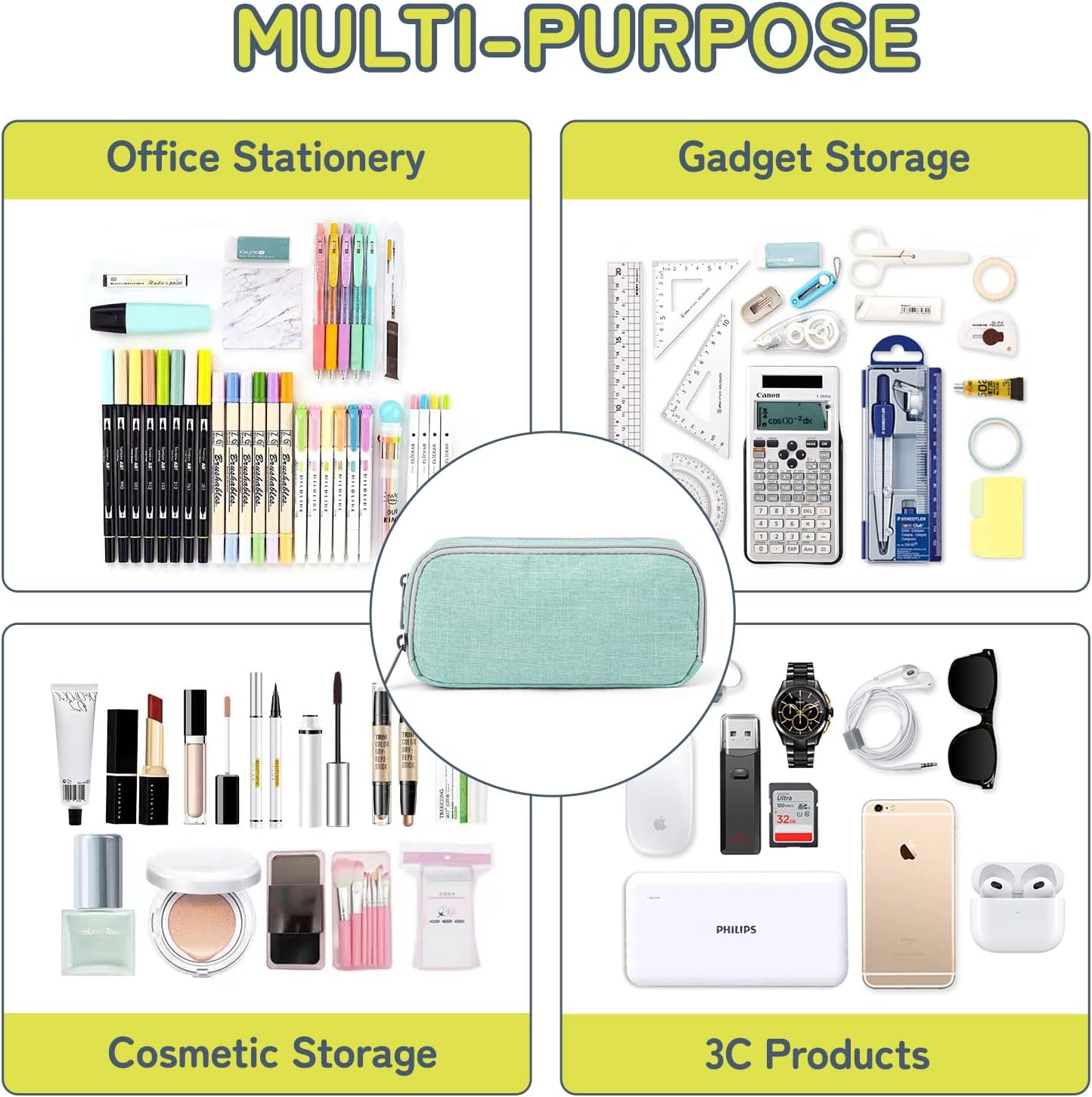 Della Gao Big Capacity Pencil Case, Durable Nylon Pencil Bag Aesthetic Pencil Pouch Travel Simple Stationery Bag Office Organizer Pen Bag for Women and Men - Green