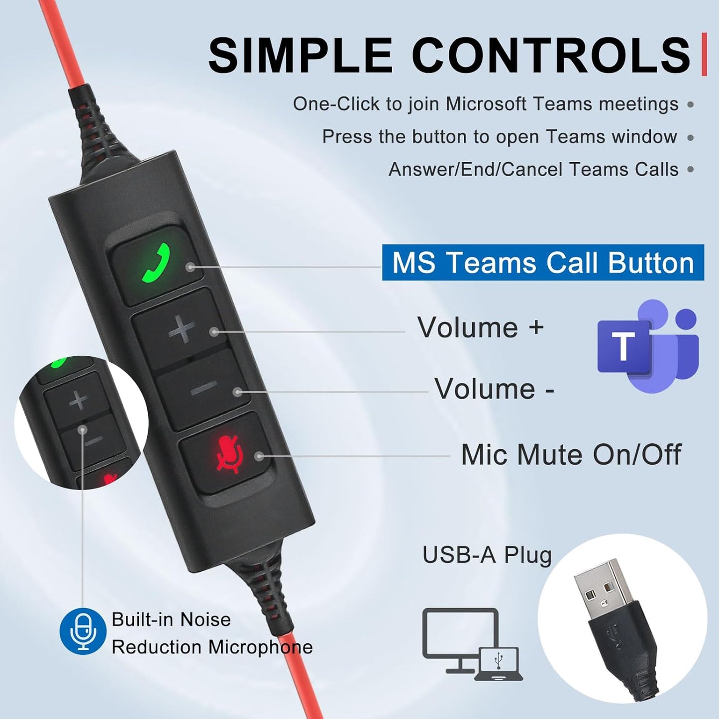 Callez USB Headset with Mic, Computer Headset with ENC Dual Noise Cancelling Microphone & MS Teams Call Button, Wired Mono Headphones for PC Laptop Mac Teams Zoom Home Office Work