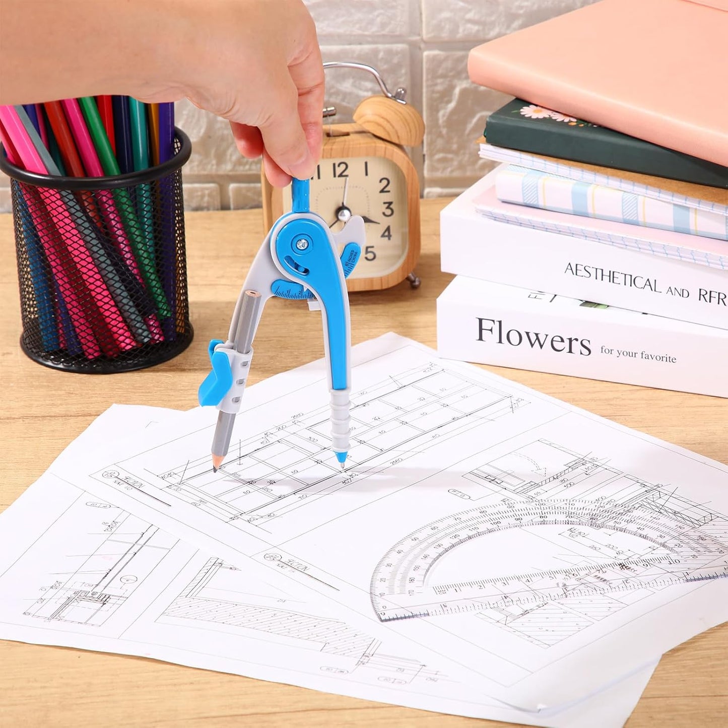 EBOOT Student Geometry Math Set, Drawing Compass and 6 Inch Clear Swing Arm Protractors 180 Degree Math Protractor(Blue)