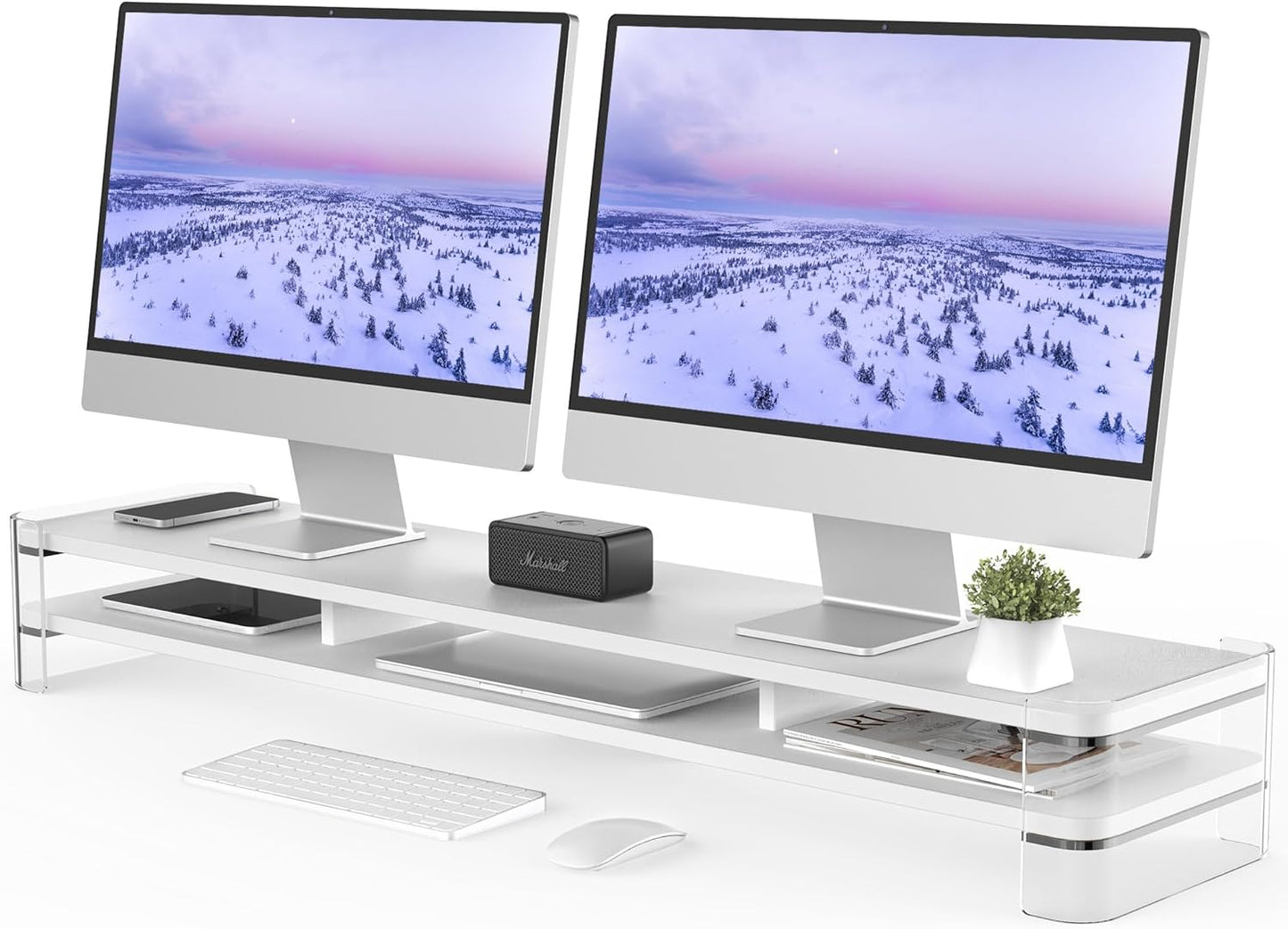 Fenge Acrylic Monitor Stand Riser, Clear Dual Acrylic Computer Monitor Stand for 2 Monitors, 2 Tier Wood Office Desk Storage Organizer for Laptop, Computer, TV Stand