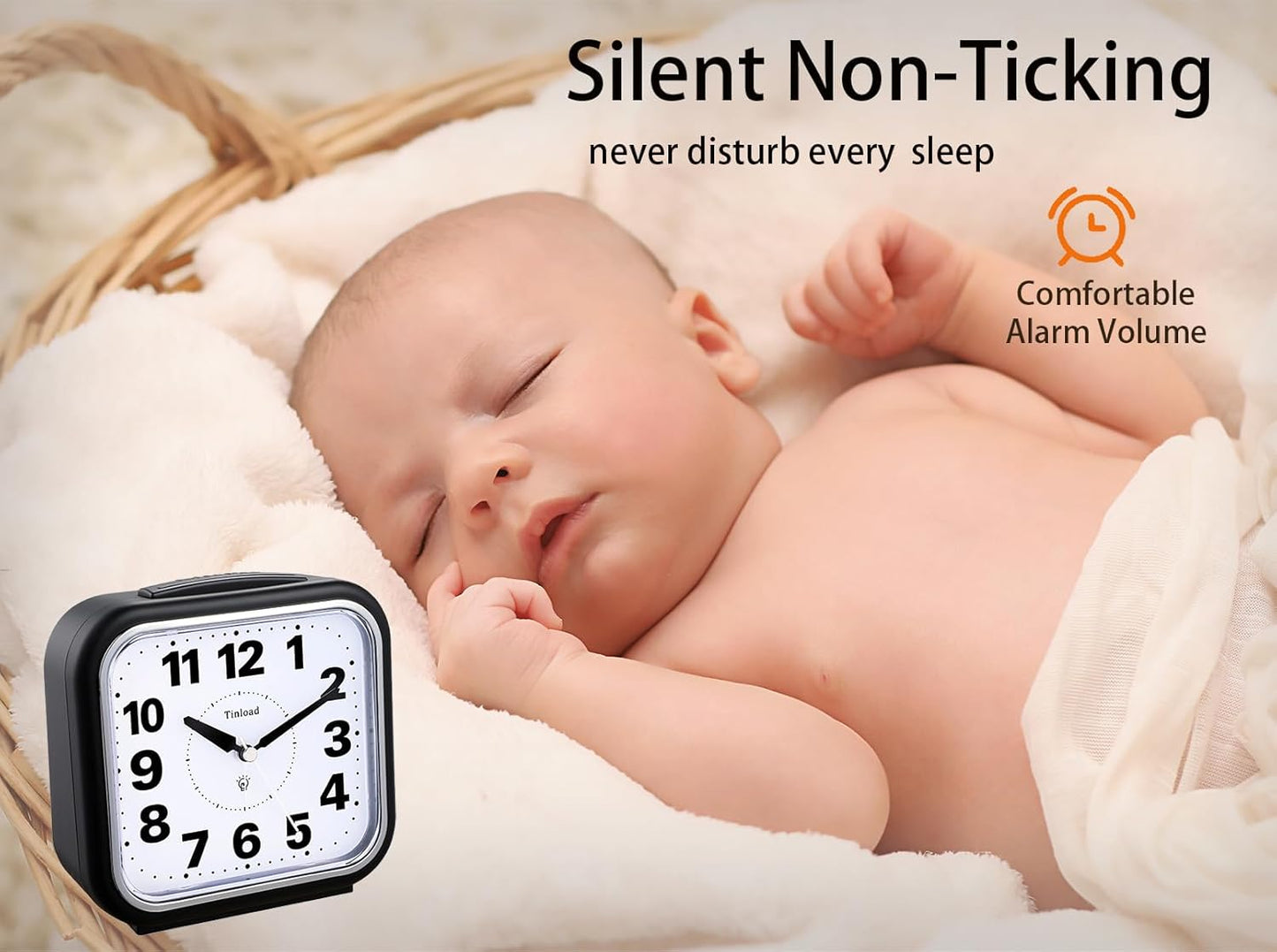 5.5" Large No Ticking Analog Alarm Clock,Silent Readable for Seniors,Easy to Set,Gradual Rise Alarm,Big Numbers,Gentle Wake,Snooze, Lighted on Demand,Battery Operated,Black