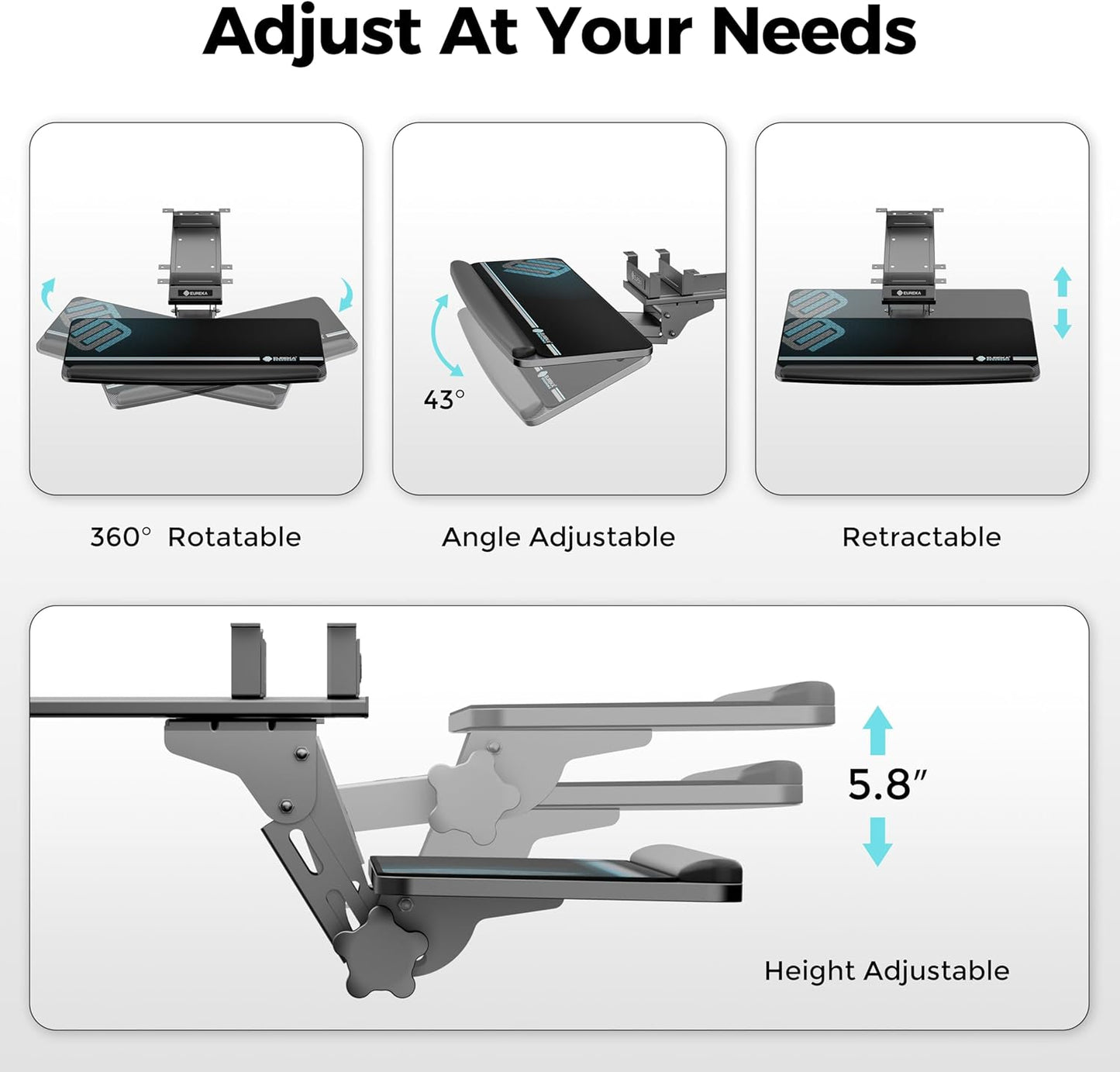 EUREKA ERGONOMIC Keyboard Tray Height Adjustable, Swivel Tilt Computer Keyboard Drawer Under Desk, 25x9.13'' Sliding Keyboard & Mouse Platform with Mouse Pad for Typing, Black