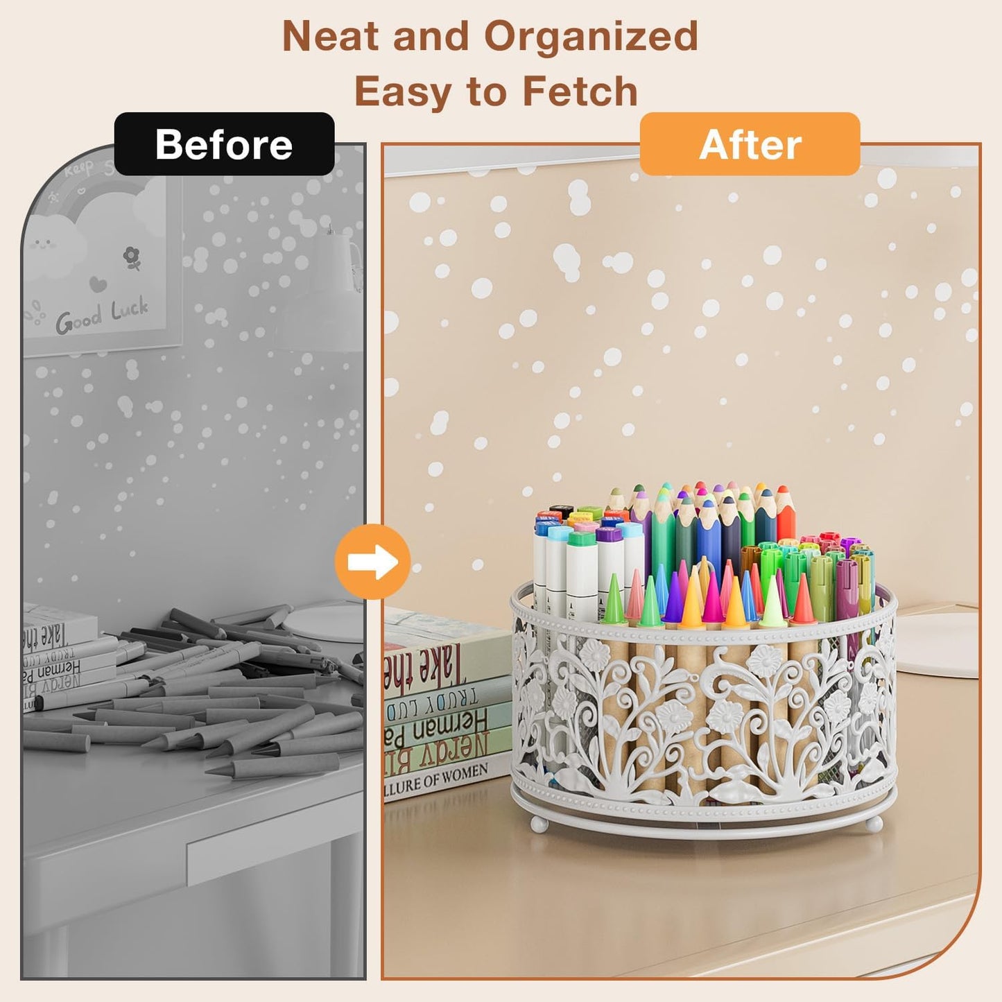 EKNITEY Rotating Mesh Desk Organizer - 4 Slots Cute Pen Pencil Holder Caddy for Office Art Supplies Home School Classroom White