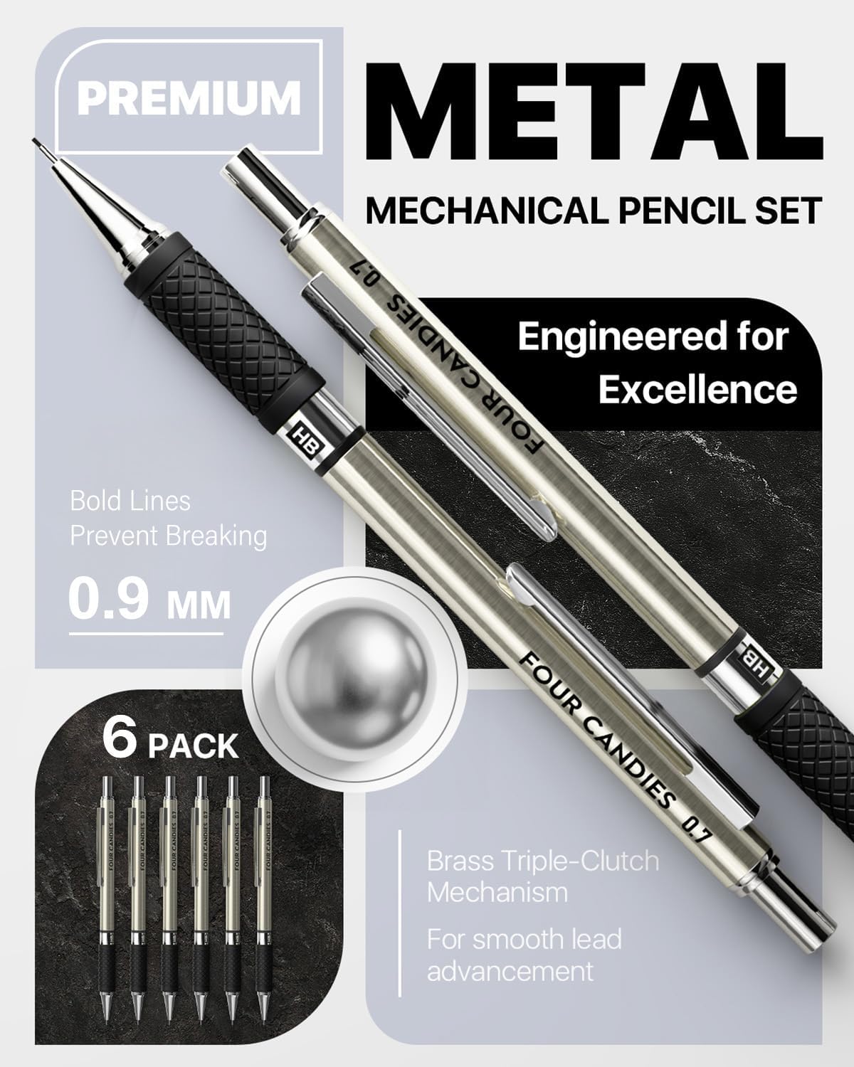 Four Candies Metal Mechanical Pencil Set - 6PCS 0.9mm Art Mechanical Pencils & 360PCS HB Lead Refills & 3PCS Erasers & 9PCS Eraser Refills, Drawing Mechanical Pencils for Writing, Sketching -With Case