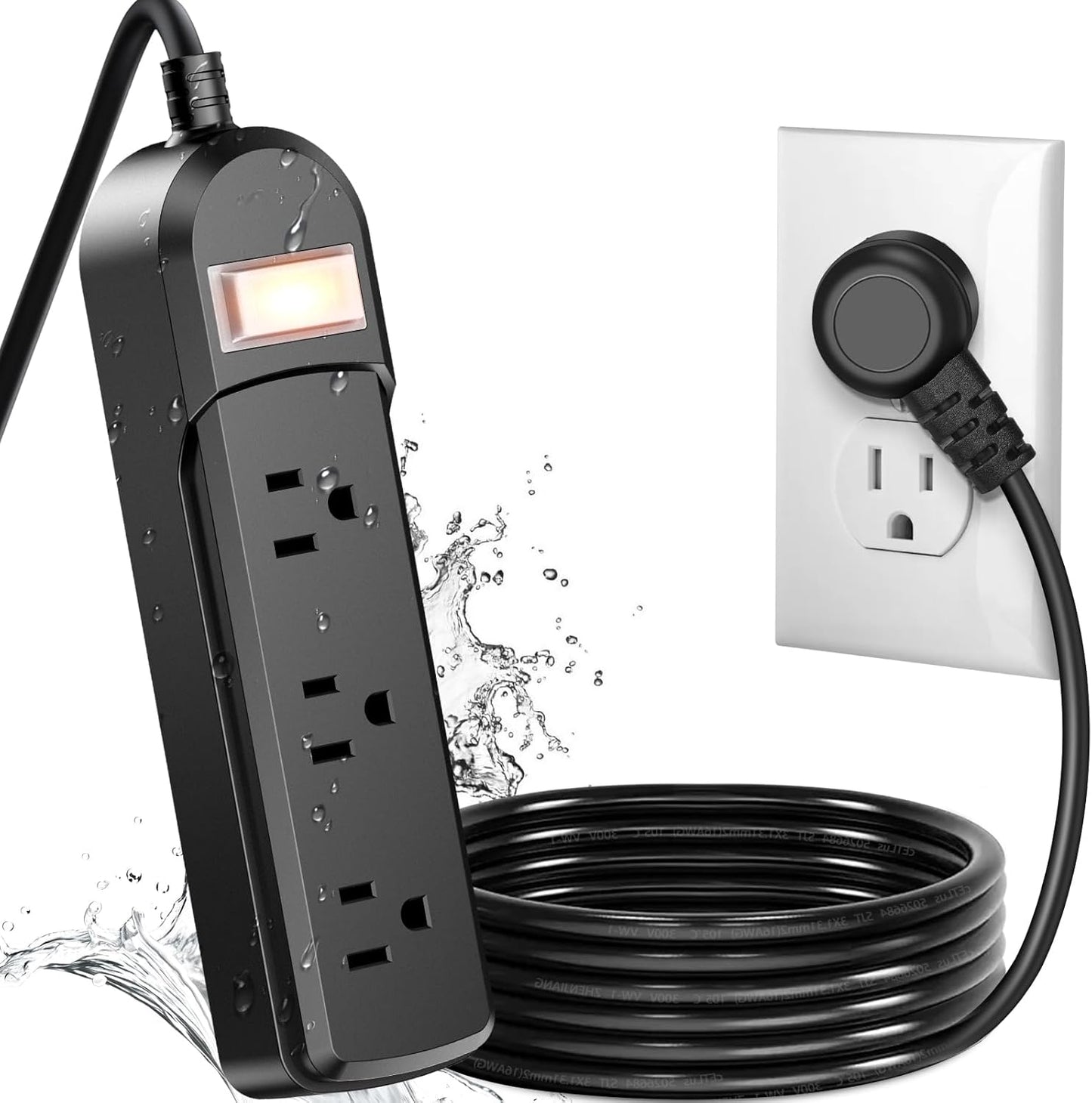 IPX6 Outdoor Power Strip Weatherproof, Waterproof Surge Protector with 3 Wide Outlet 10FT Long Extension Cord, Wall Mountable for Outside Decorations and More UL Listed(Black)