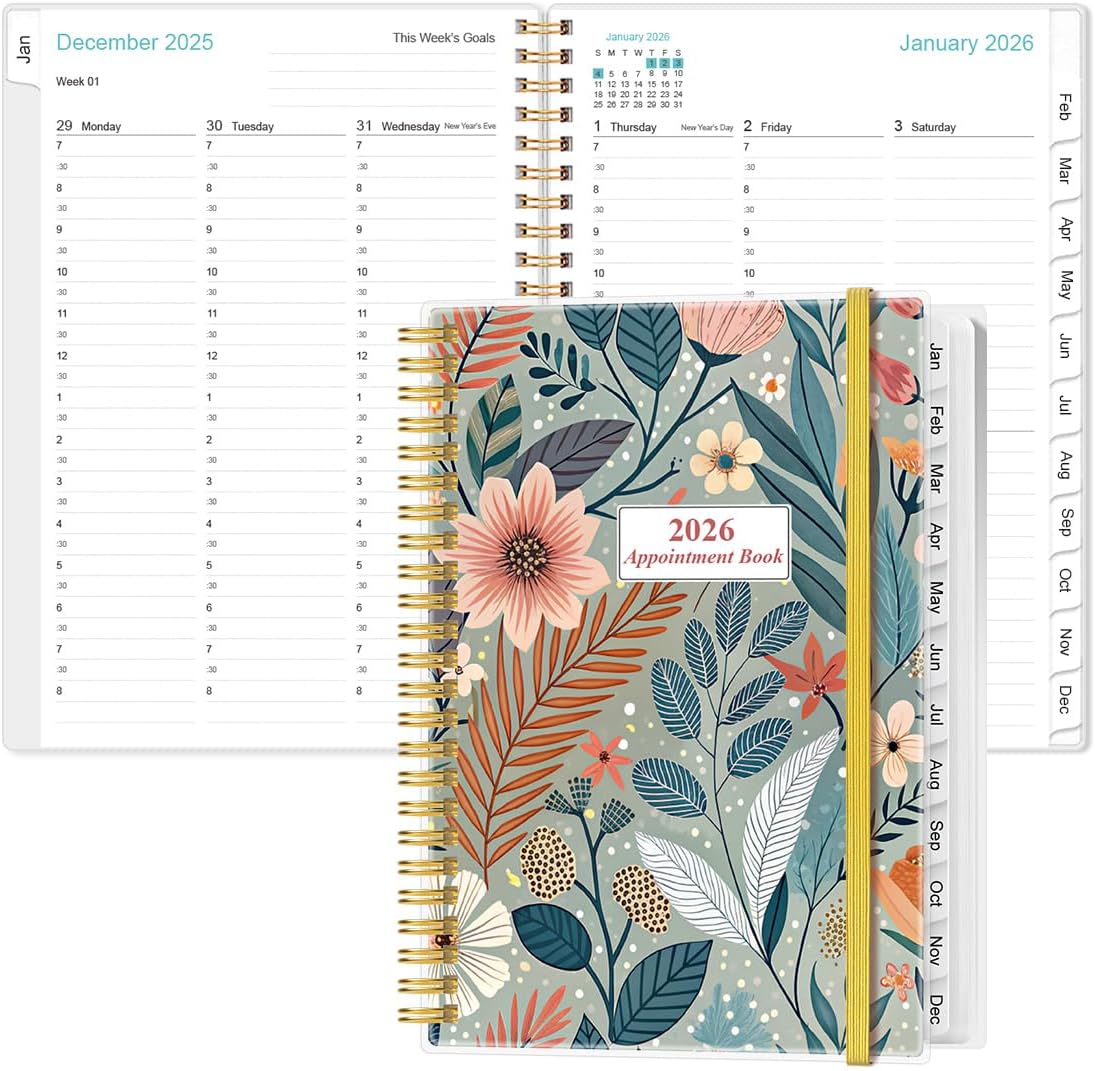2026 Appointment Book & Planner - 2026 Daily Hourly Planner from January 2026 - December 2026, Weekly Appointment Book with 30-Minute Interval, Medium 6.4" x 8.5", Flower-A