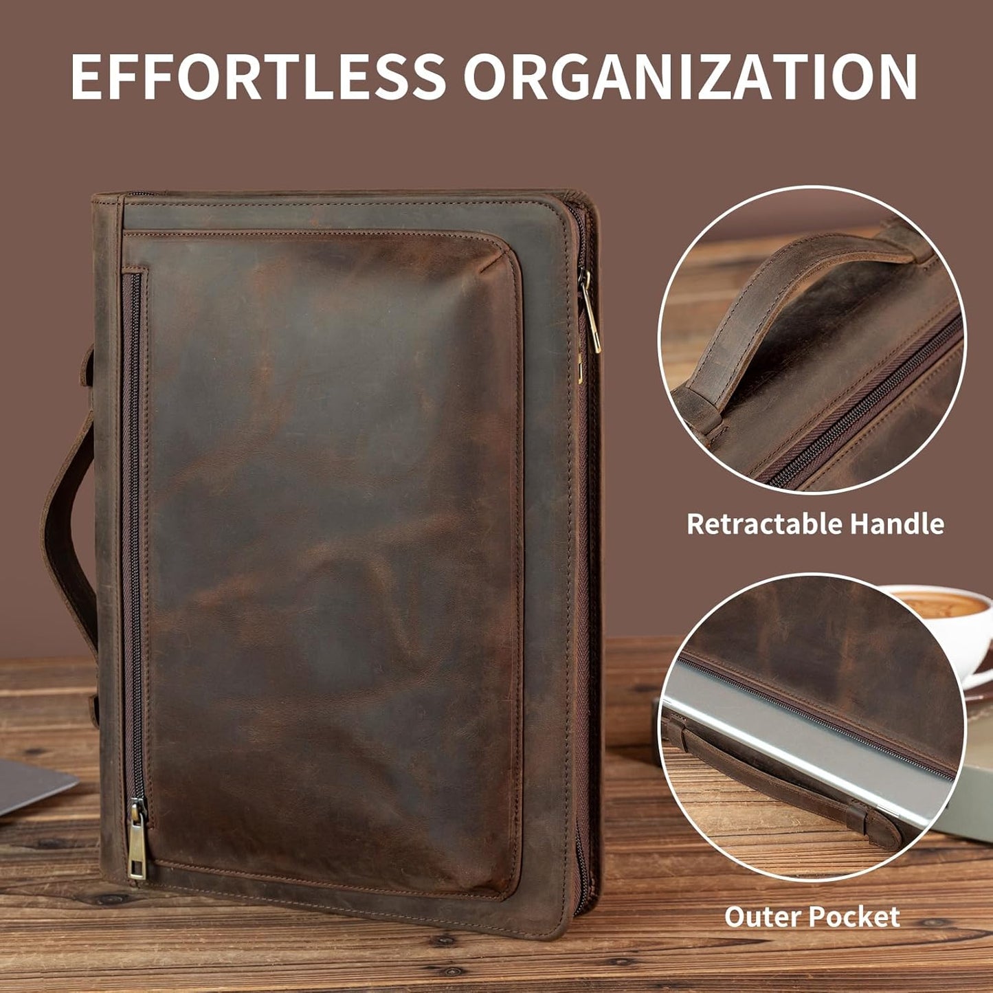 Handmade Vintage Crazy Horse Leather Portfolio Letter (A4) Size Notepad,Business Organizer Padfolio with Handle, for iPad Pro/Microsoft Surface Pro/13 inch Tablet (Custom,Dark Khaki)