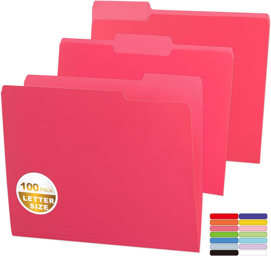 100 Packs Colored File Folders,Rose Red File Folders,Two Tone Color File Folder 8.5 x 11 Inch,1/3 Cut Tabs Letter Size,Manila File Folders for Office,School and Home,Organization