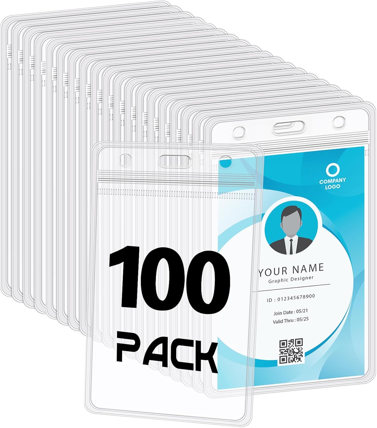 100 Pack Vertical ID Badge Holders Clear Plastic Waterproof Card Holder Resealable for Office Worker Teacher Nurse