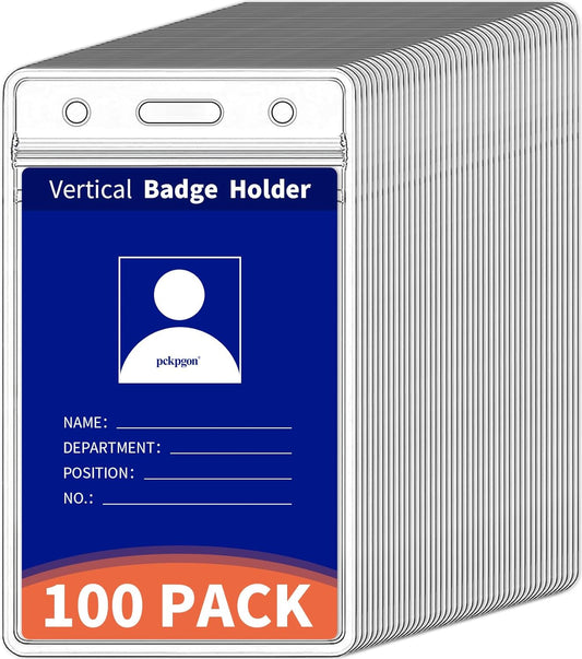 100 Pack Vertical ID Badge Holder, Clear Plastic Work Key Card Sleeve, Name Tag Holders Cover Protector with Waterproof Resealable Zipper Type for Nurses Lanyard, Fits Credit Size Cards