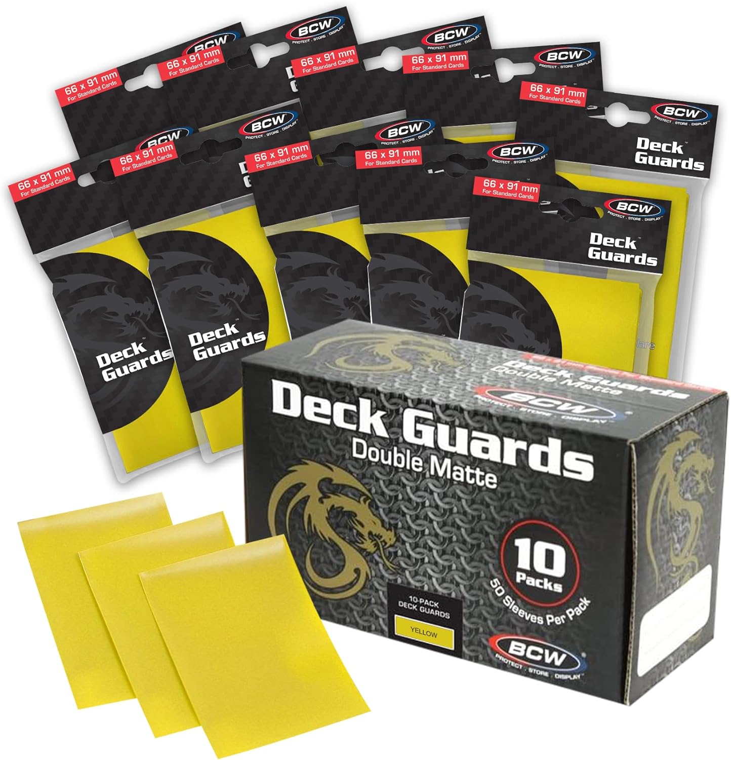BCW Deck Guard - Double Matte Card Sleeves | 500 Count Box (10 Packs of 50) | Acid-Free, No PVC | Fits 2.5" x 3.5" Game Cards | Archival Safe Protection (Yellow)