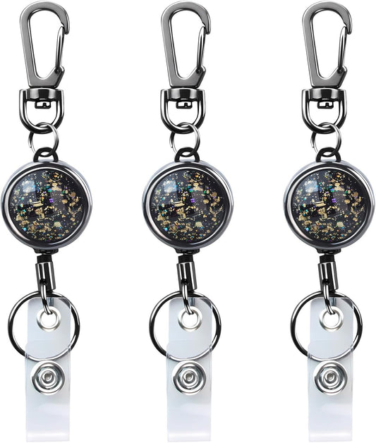bolimoss Bling Black Retractable Badge Reels with Key Ring and Carabiner Belt Clip, Glittery Metal Retractable Keychain for ID Cards Name Holder Nurse, Teacher, Students (3 PCS)
