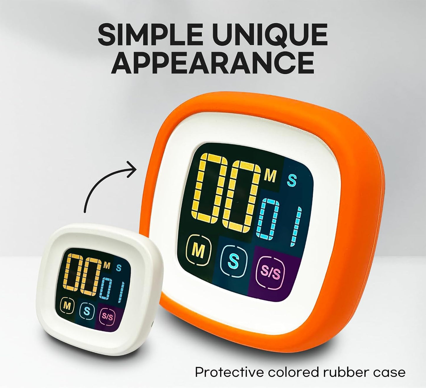 Digital Kitchen Timer, Countdown, Countup, Protective Rubber case, Large Display with Color Bold Digits, Touch Control, Backlit, Magnetic Kickstand, Loud Alarm, Auto Memory (Orange)