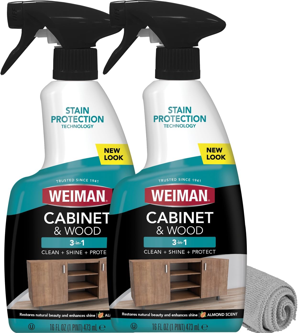 Weiman Cabinet and Wood Cleaner, Shine, Clean and Protect Spray - For Wood Cabinets, Furniture, Tables, Baseboards, Trim and more, 16 oz, 2 PACK with MicroFiber Towel