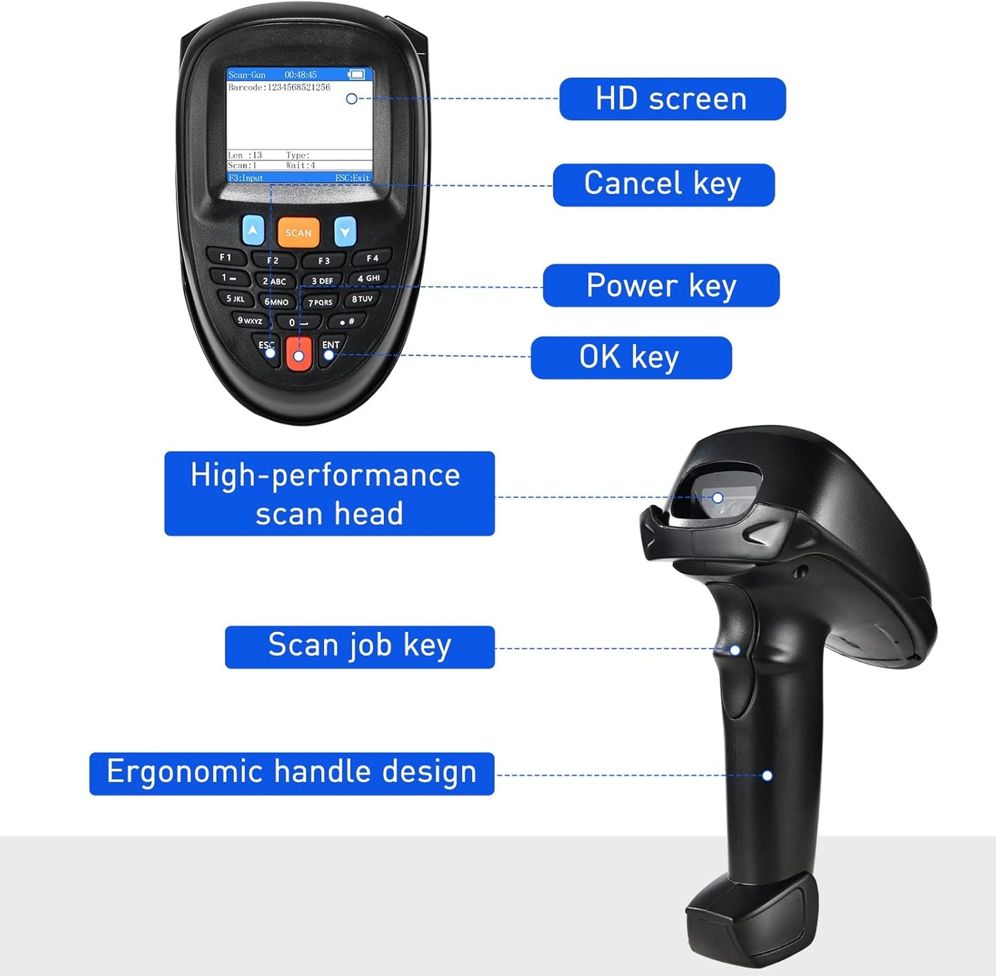 Inventory Scanner Wireless, 1D Barcode Scanner with Charging Base Barcode Reader Inventory Data Terminal Data Collector 2 in 1 USB Connection & 2.4G Wireless Bar Code Scanners with 2.2" Screen