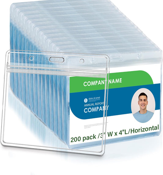 4x3 Inches Horizontal Badge Holder, Clear ID Card Holder with Waterproof Resealable Zip Type Protector, Badge Sleeve Fits Name Tag Holder/RFID/Proximity/Credit Card (200pcs-Horizontal)