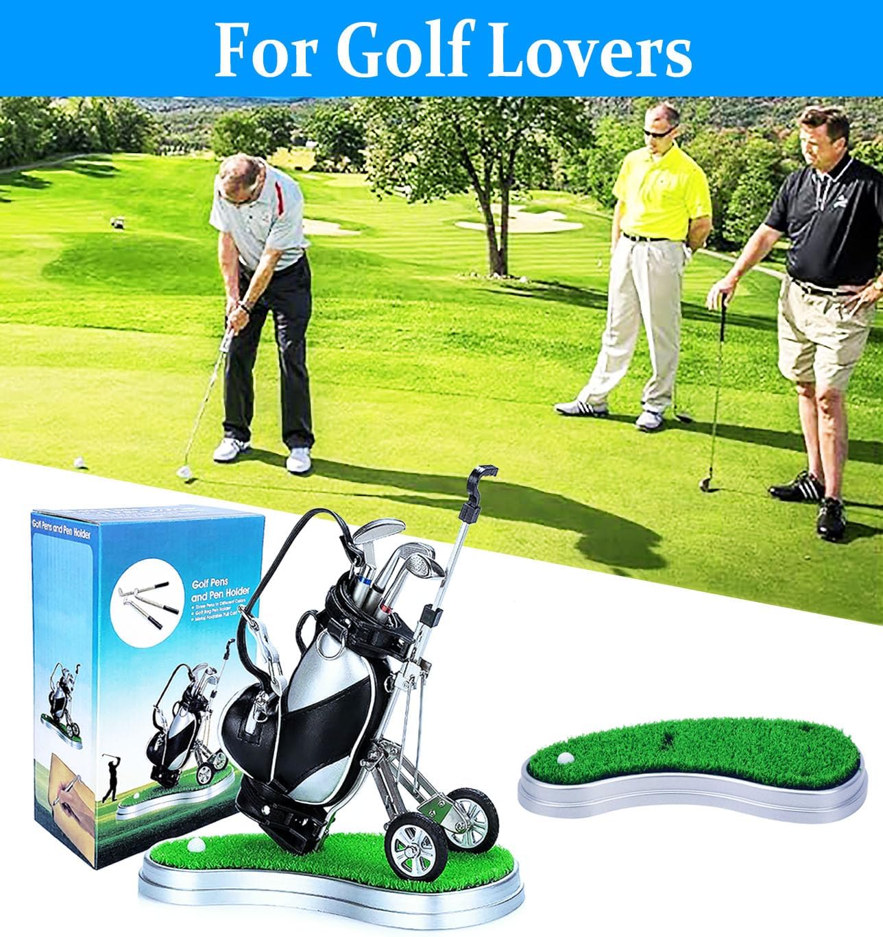 Golf Pen Holder with 3 Club Pens and Movable Golf Cart, Mini Golf Bag Desk Decor for Office, Funny Golf Gifts for Men, Dad, Boss - Stocking Stuffers for Golfers on Birthday, Christmas, Fathers Day