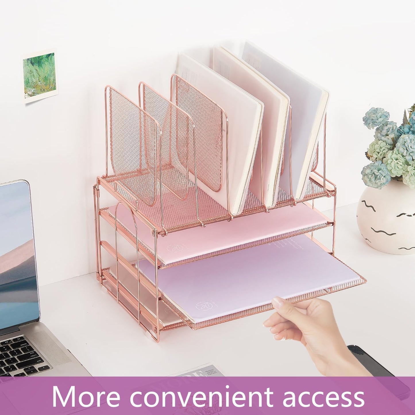 Desk Organizers and Accessories, 3-Tier Paper Organizer with 5 Vertical File Holders, File Organizer for Desk (Rose Gold, 3T)