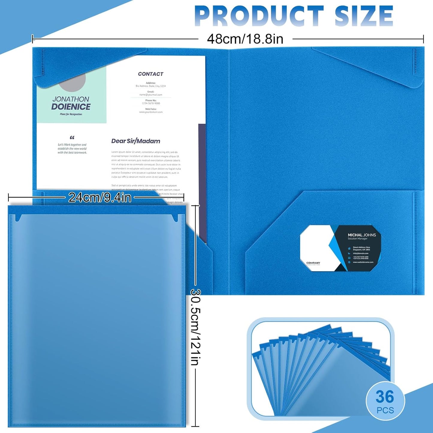 Henoyso 36 Pcs Plastic Folders with Clear Front Pockets Heavy Duty File Folders with 2 Pockets and Card Slot for Student Communication School Office Presentation Report (Blue)
