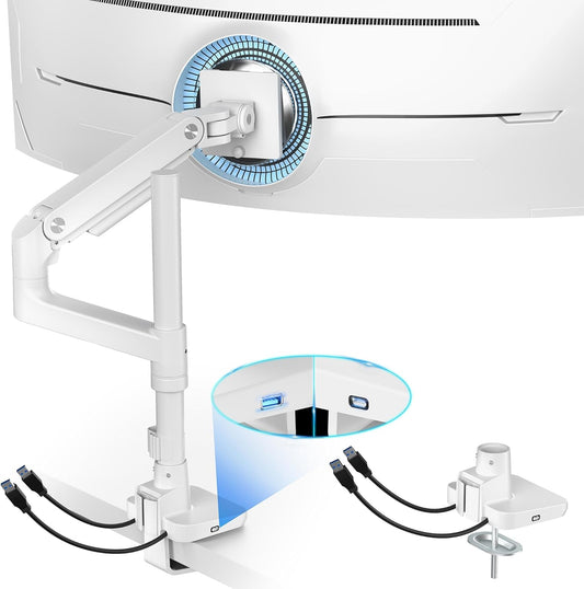 ARES WING Ultrawide Monitor Mount with USB A/C, with Extended Column for 17 to 49 inch Heavy Duty Monitor, Holds 44 lbs, Adjustable Gas Spring Desk Mount, White