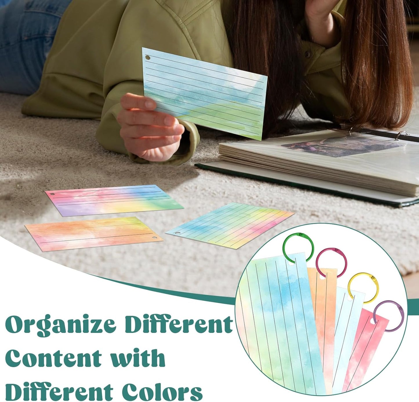 500 PCS Colored Index Cards with Hole Lined Flash Cards with Binder Rings Watercolor Notecards with Rings 3x5 Study Cards Flashcards for Home School Office Supplies