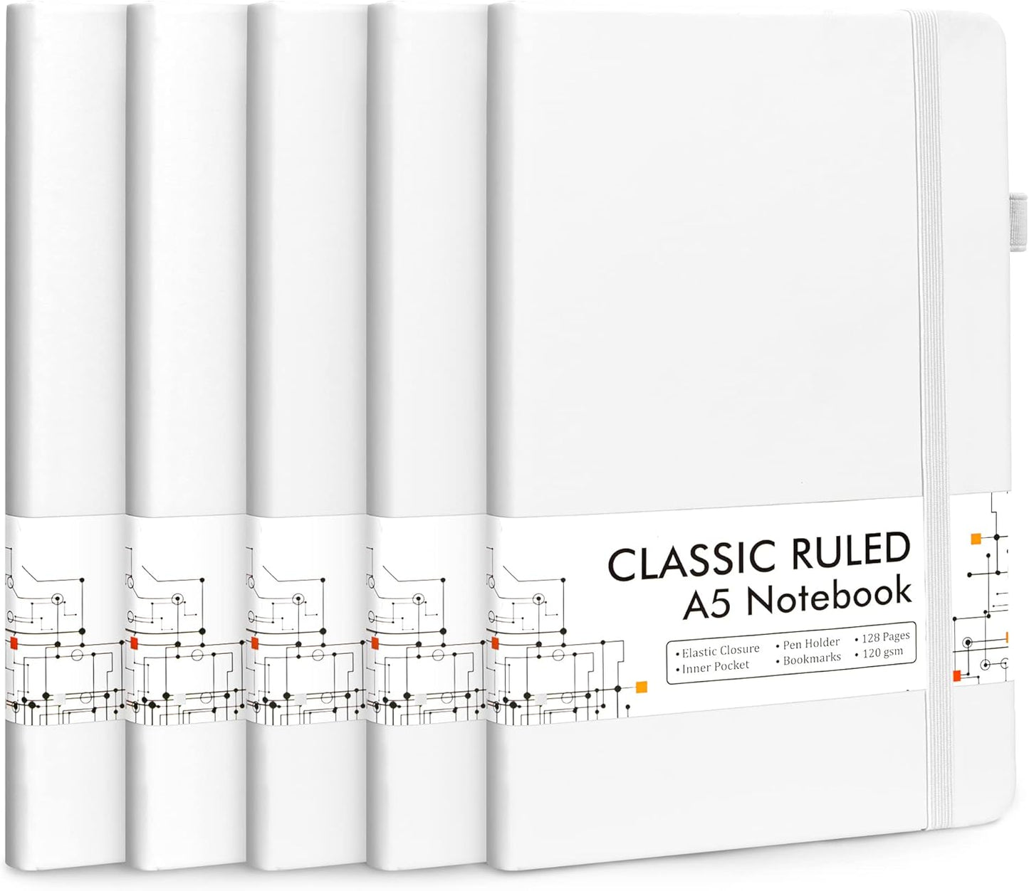 feela 5 Pack Notebooks Journals Bulk, Hardcover Notebook Classic Ruled Lined Journals with Pen Holder for Women Girls School Business Supplies, with 5 Black Pens, 120 GSM, 5.1”x8.3”, A5, White