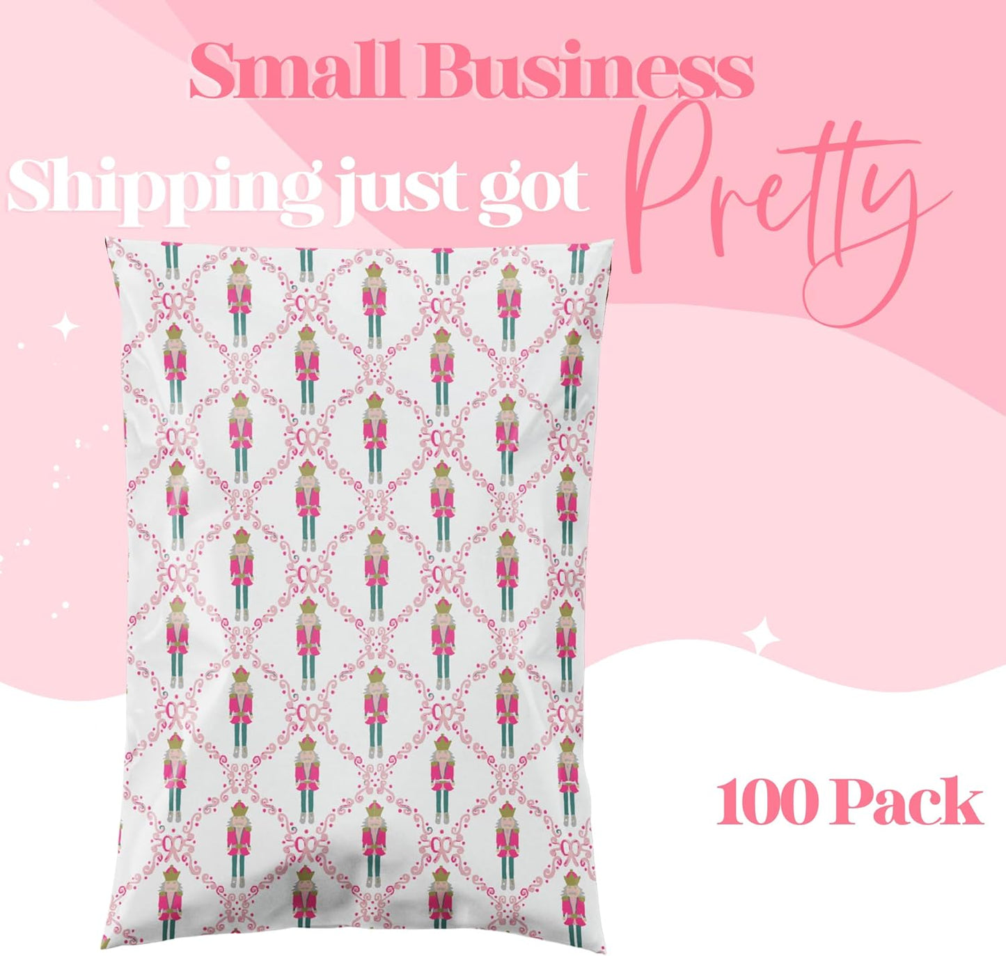 6x9 Designer Poly Mailer 100 Pack Heavy Duty Waterproof Self Seal Shipping Bags for Small Business Large Mailing Envelopes Bulk Tear Resistant Packaging Pink Nutcracker Christmas Holiday