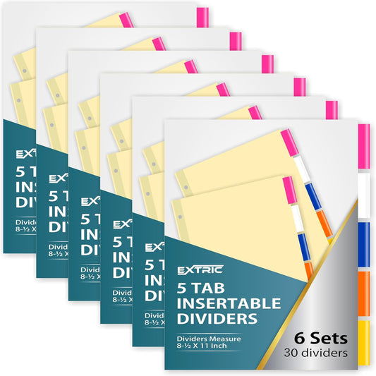 5-Tab Binder Dividers for 3 Ring Binder, Insertable Multicolor Big Tabs, Letter Size Paper Divider, 8.5 x 11 inch, 6 Sets (30 Dividers Total)