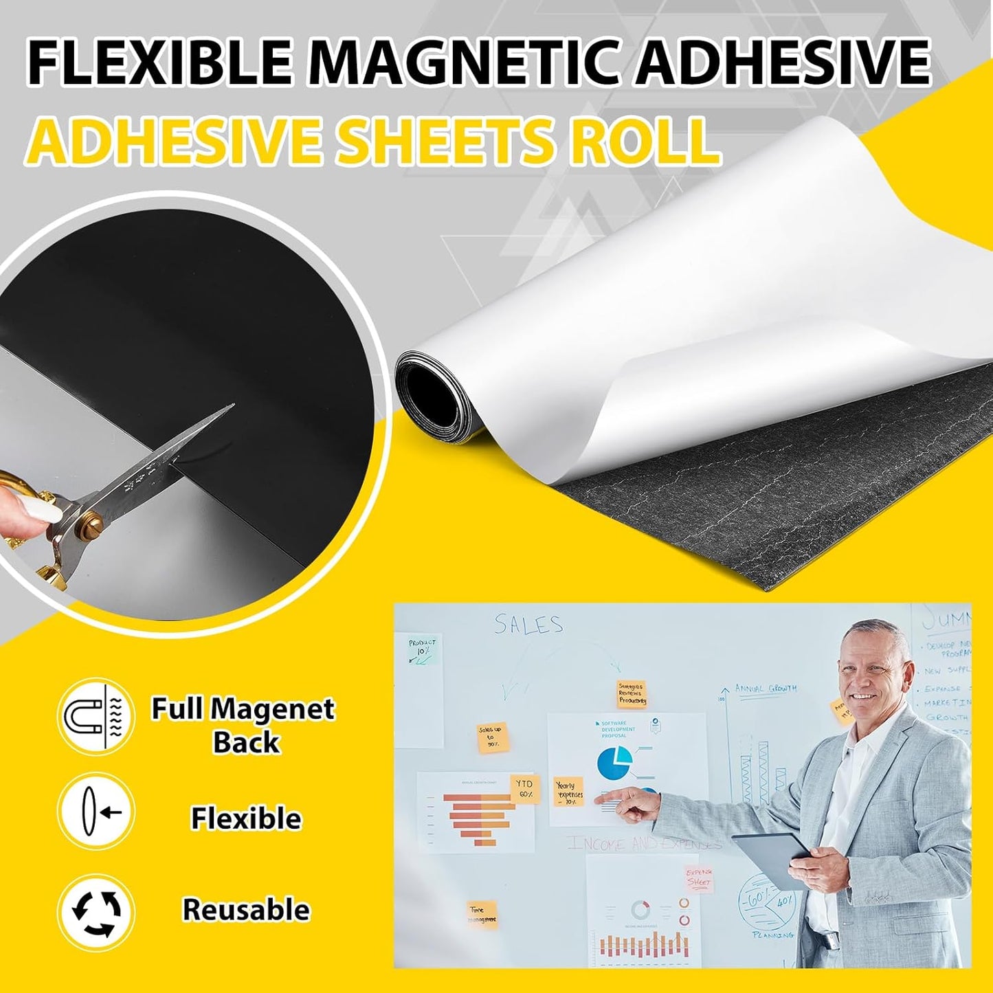 12 Inch x 5ft x 40mil Extra Large Adhesive Magnetic Sheet Roll Not Printable Adhesive Backing Cut and Customize Flexible Sheets Blank White Surface Magnetic Sign for Craft Photo Craft Office