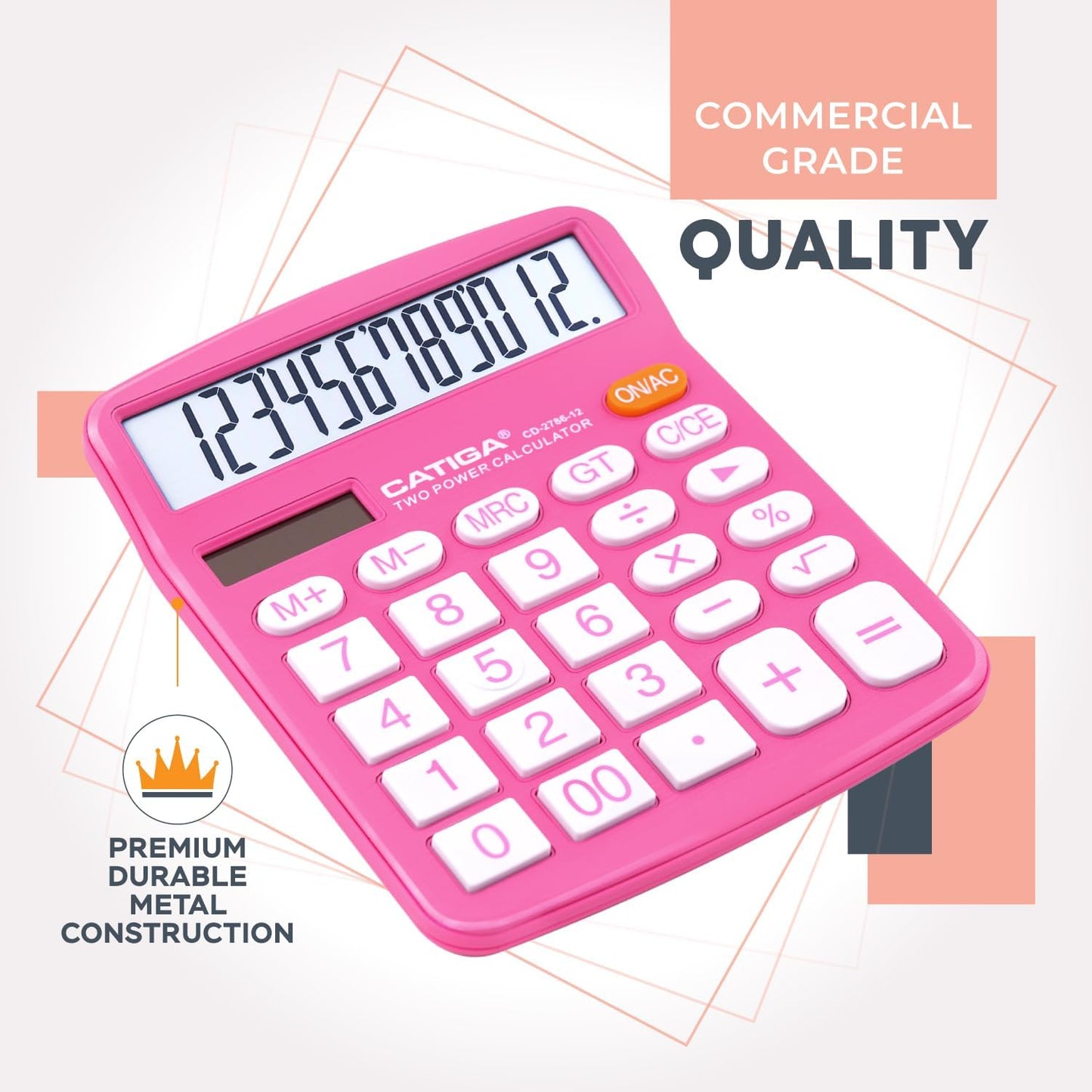 12 Digit Desktop Calculator with Large LCD Display and Sensitive Button, Dual Solar Power and Battery, Standard Function for Office, Home, School, CD-2786